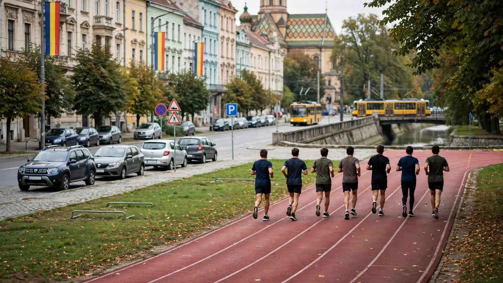 Alergători pe pista de atletism a Universității Politehnica Timișoara, la cursa aniversară „106 pentru Poli”