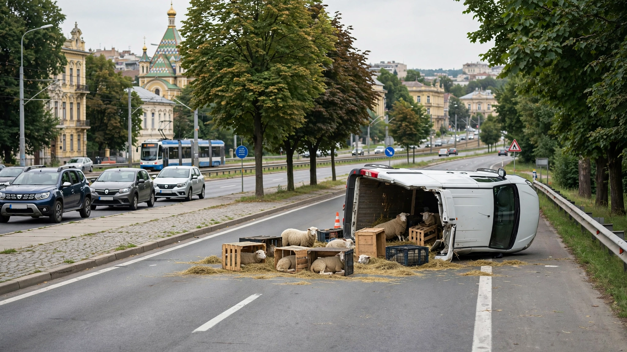 Autoutilitară cu animale răsturnată pe banda autostrăzii A1