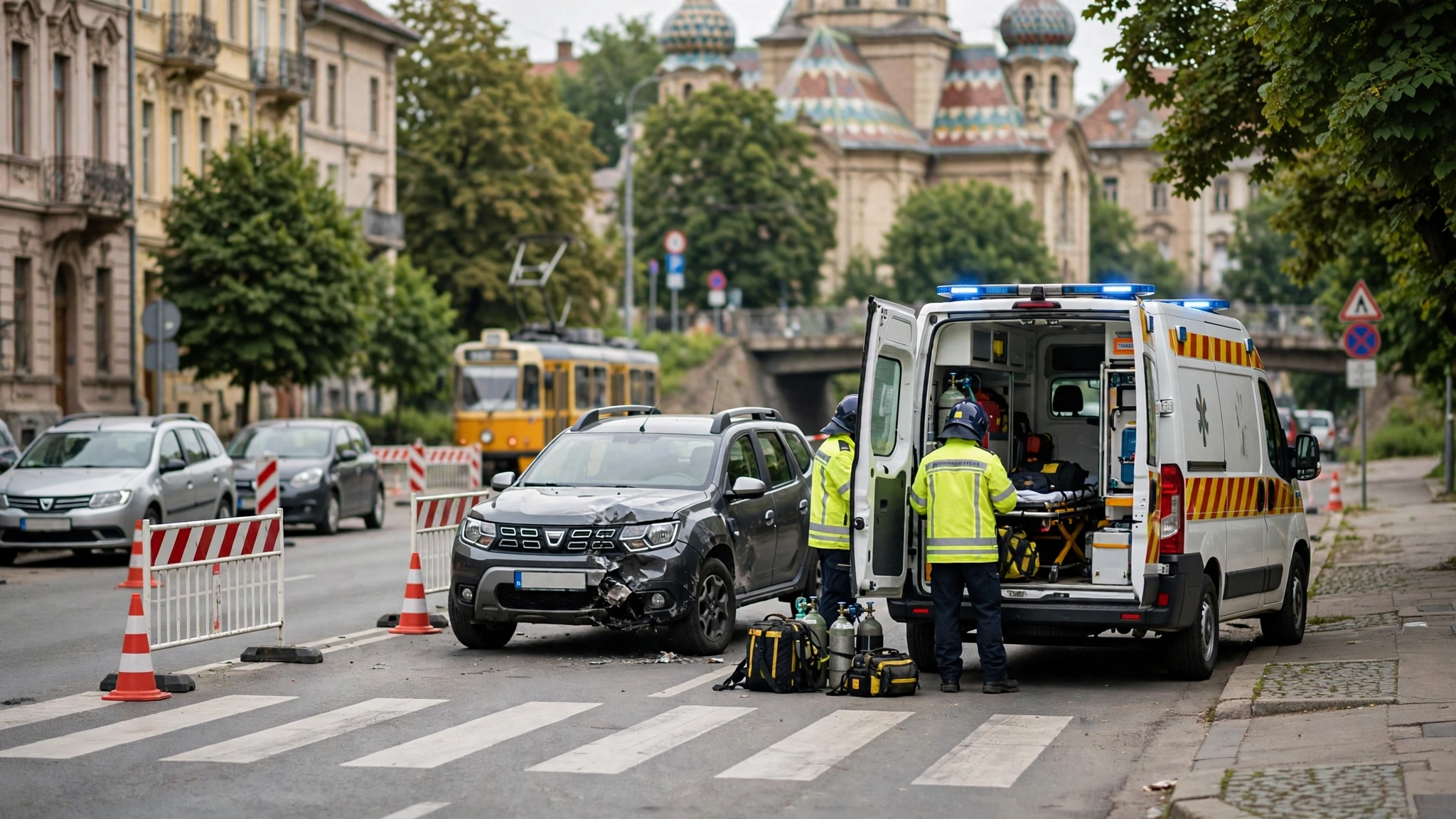 Echipaj SMURD intervenind la locul unui accident rutier pe un drum din Hunedoara