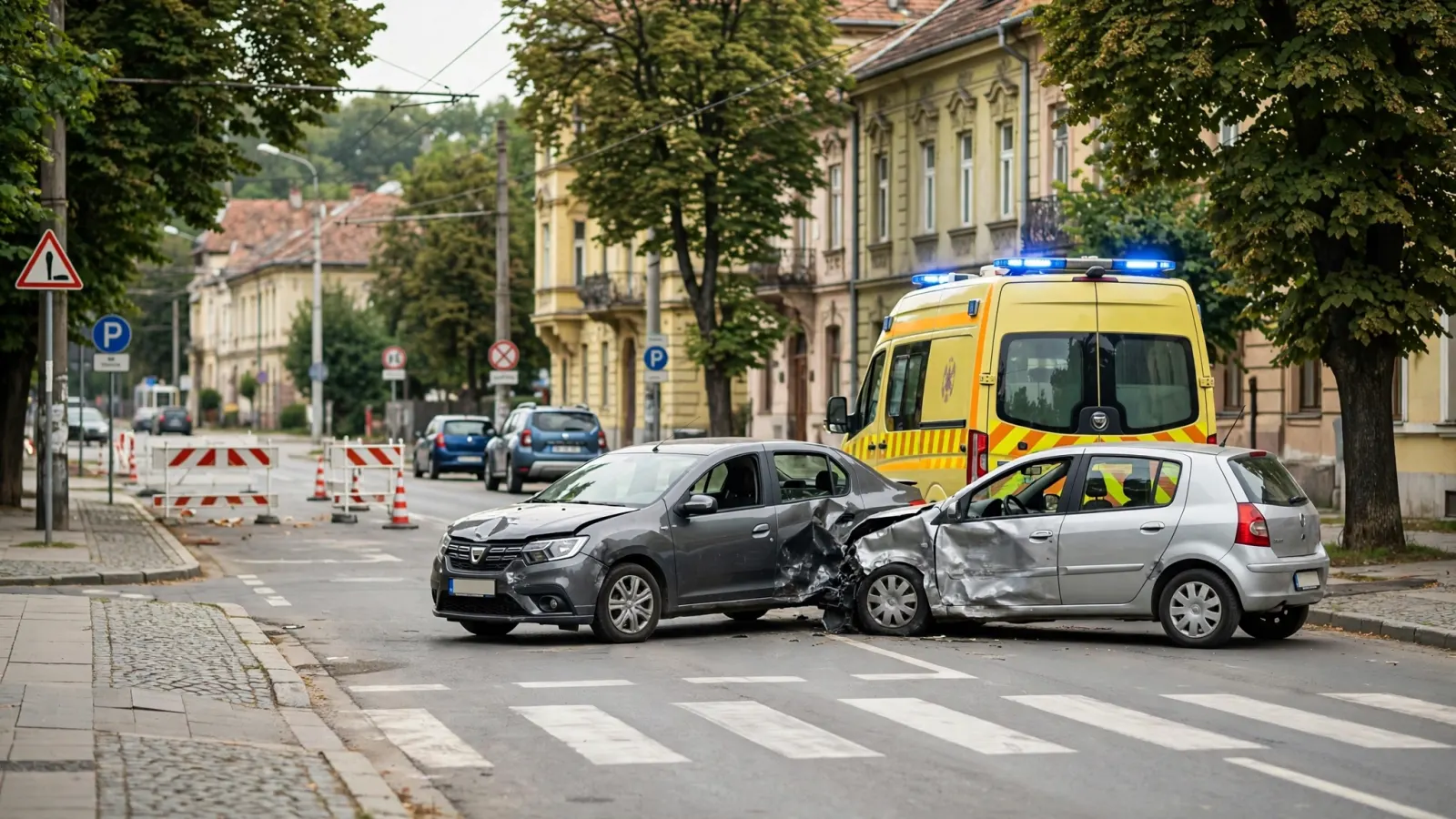 Ambulanță și mașini avariate pe strada Principală din Moșnița Nouă