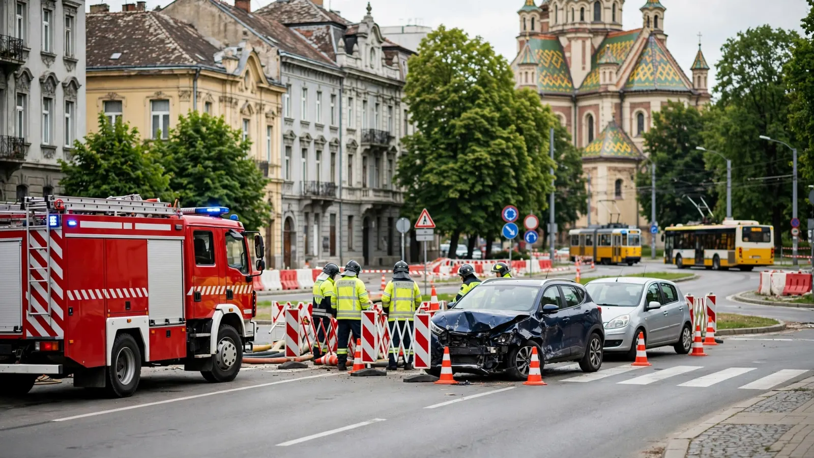 Pompieri și echipaje de intervenție la locul unui accident rutier într-un sens giratoriu
