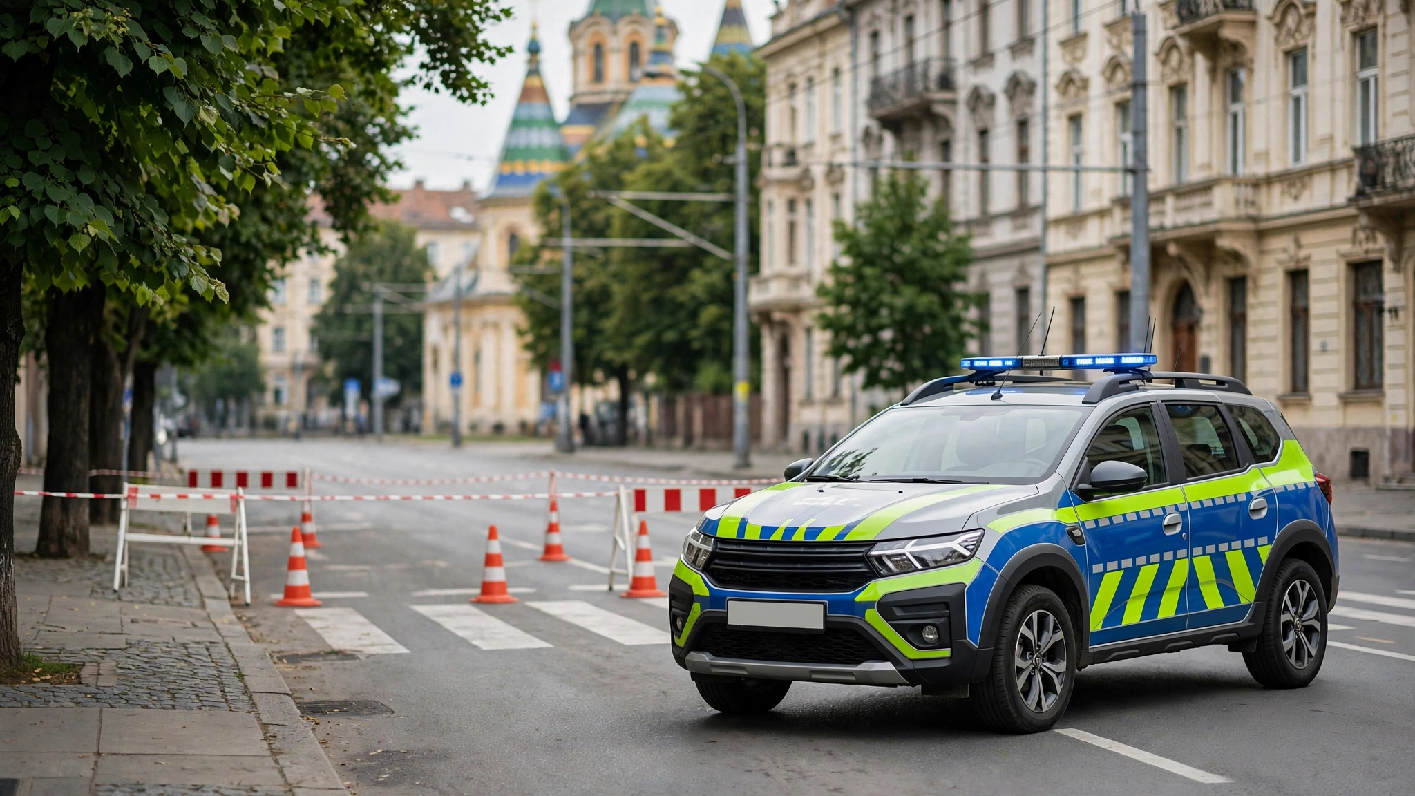 Mașină de poliție la locul unui accident rutier pe o stradă din Timișoara