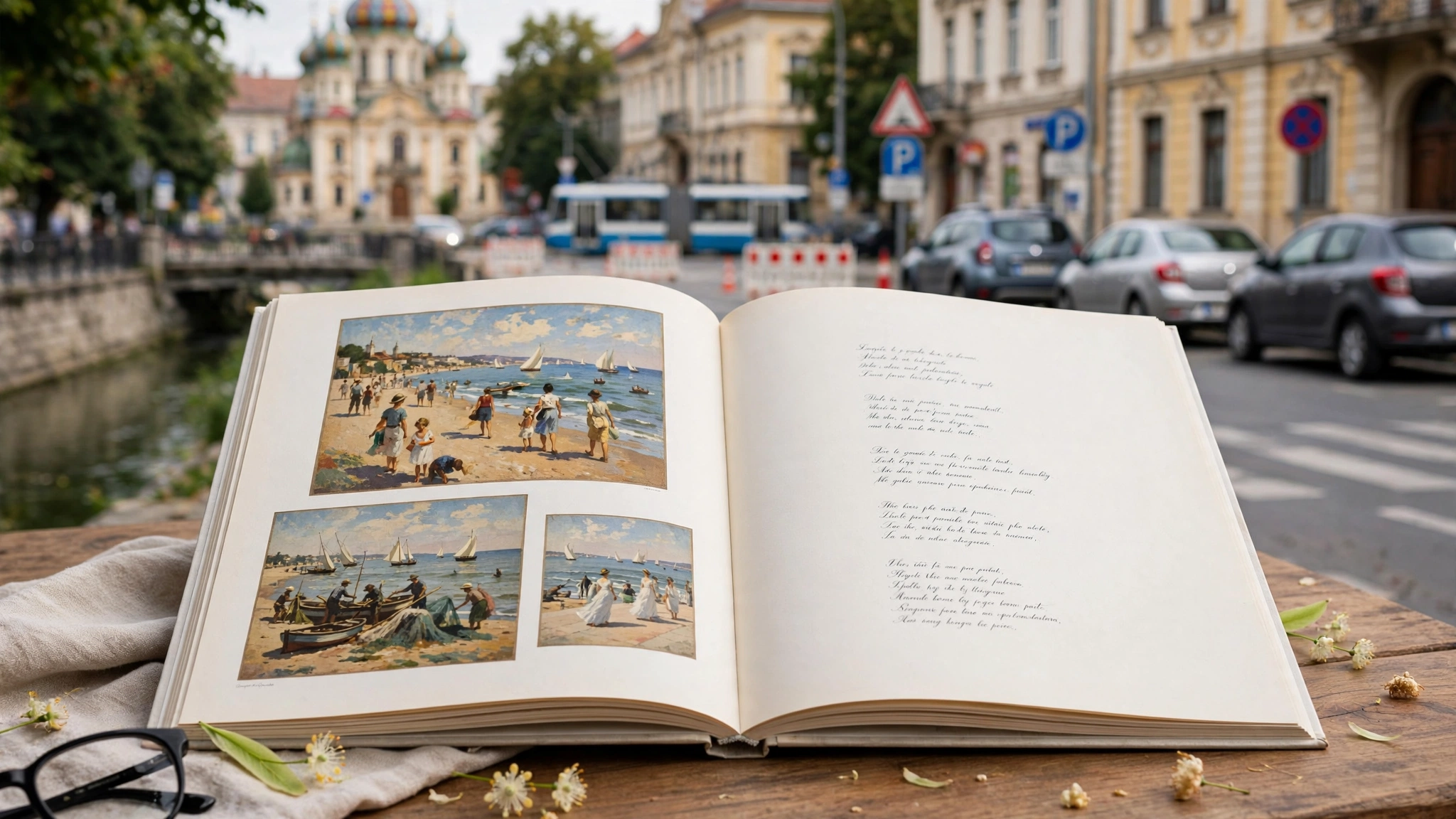 Pagini din albumul care reunește lucrări ale pictorului Joaquín Sorolla și poeme românești