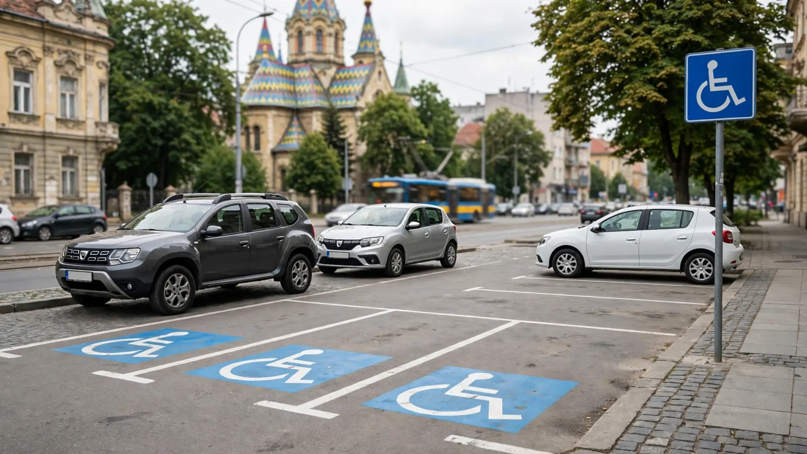 Locuri de parcare pentru persoane cu dizabilități, marcate cu semn albastru, într-o parcare din Timișoara
