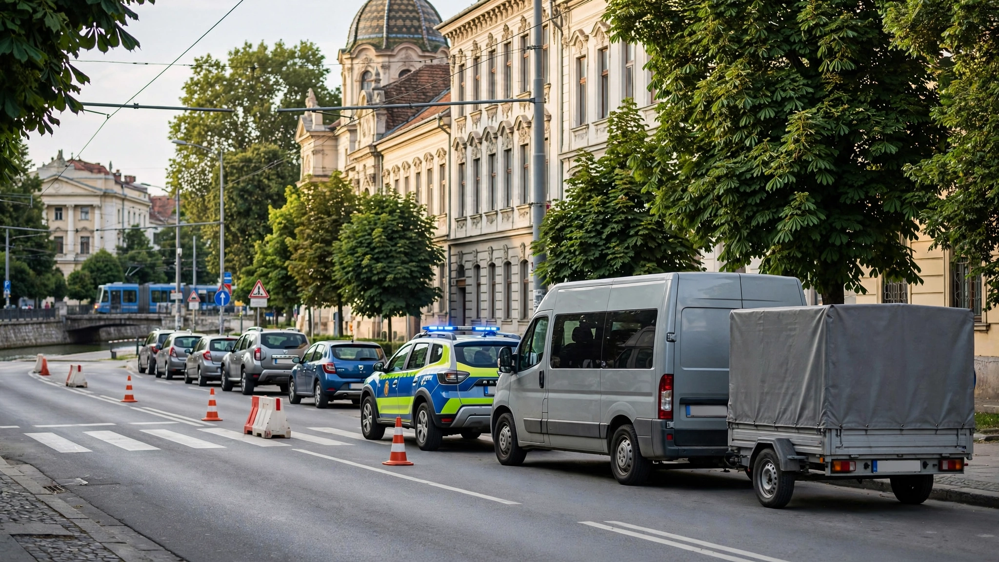 Autoutilitară cu remorcă oprită în control de poliție pe un drum din apropierea Timișoarei