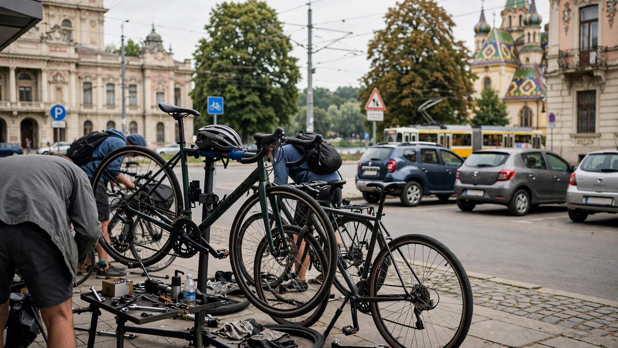 Bicicliști reparându-și bicicletele la un stand în aer liber, la Timișoara