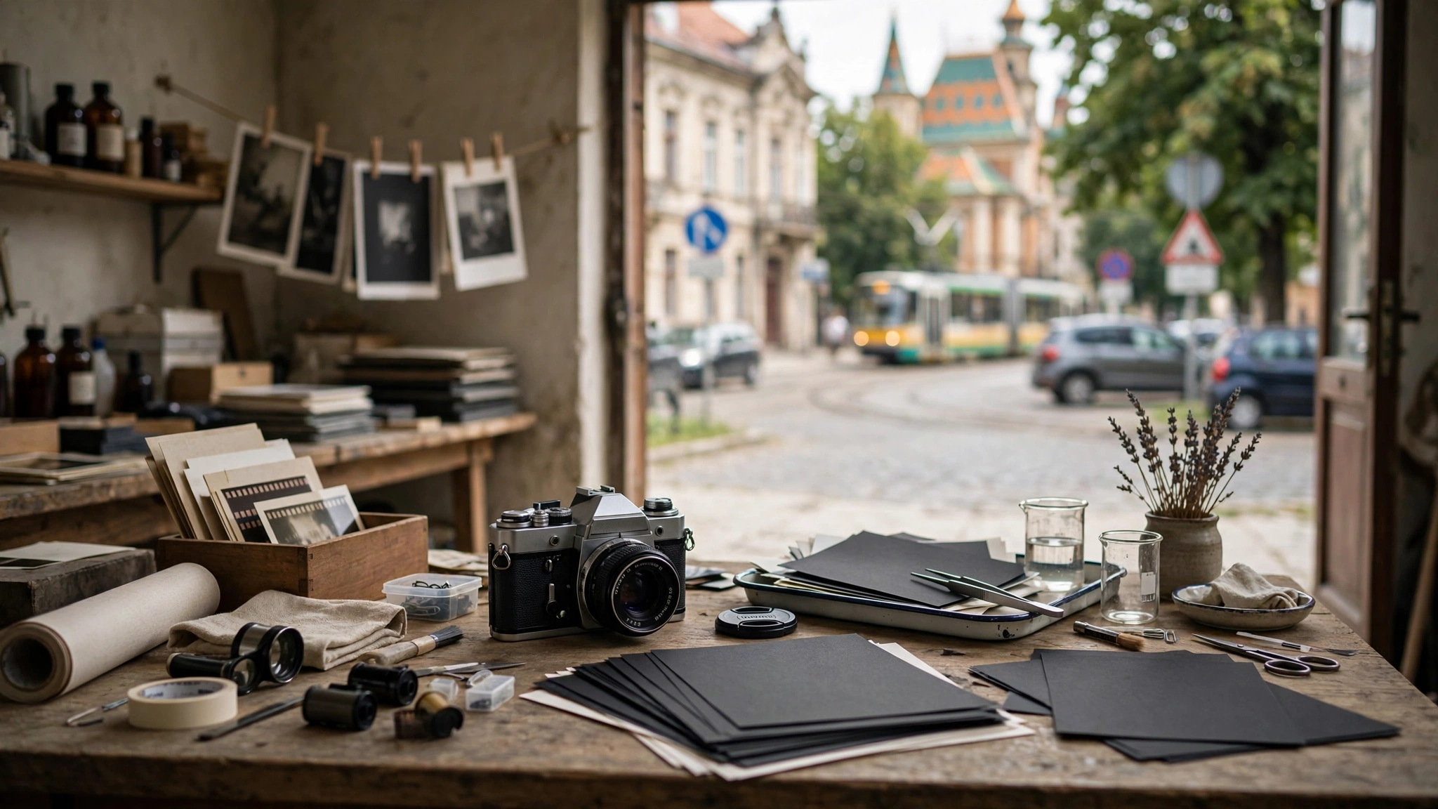 Aparat foto analogic și hârtie fotosensibilă la un atelier Analog Mania