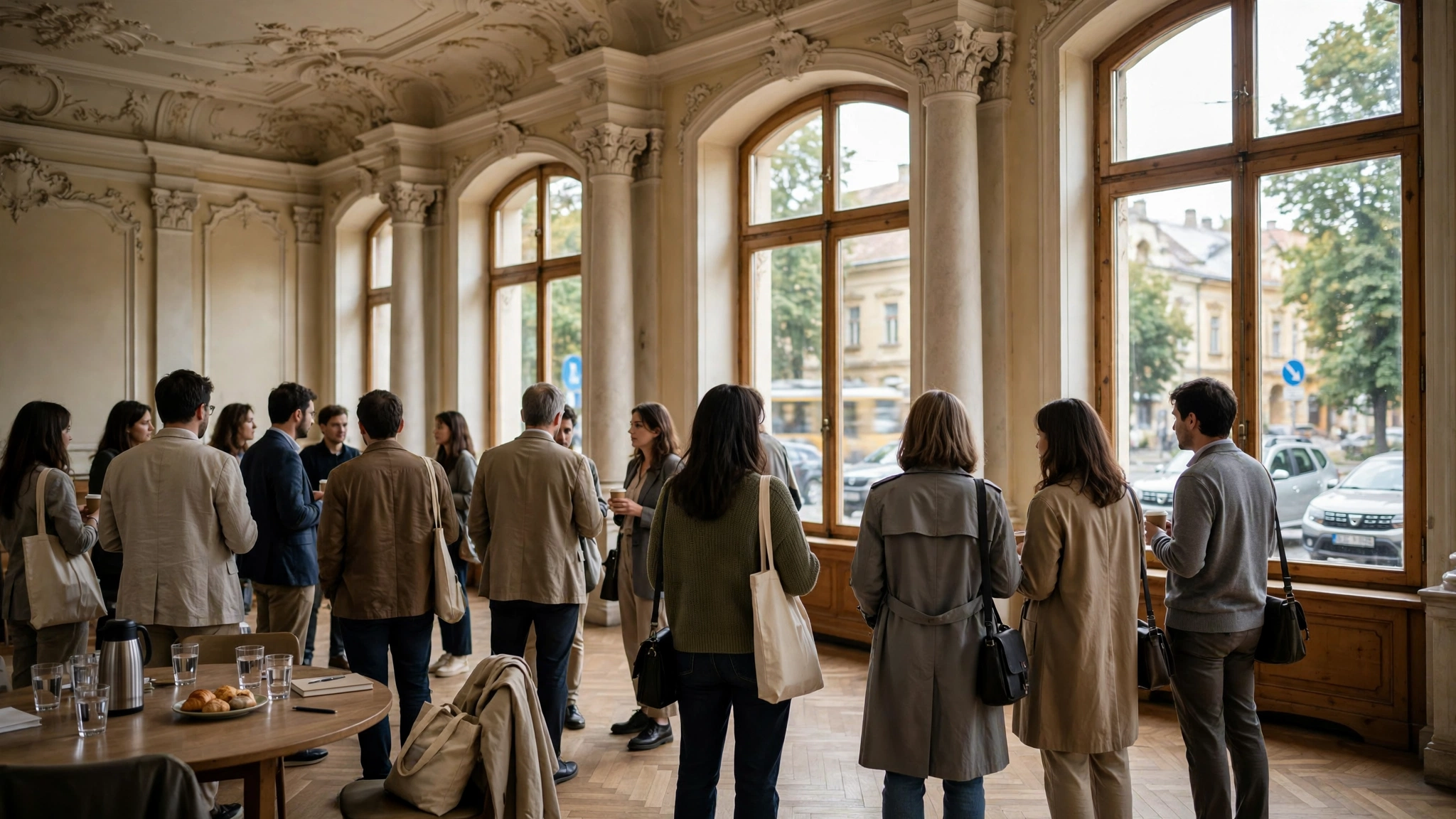 Participanți la o conferință academică într-o sală istorică din Timișoara
