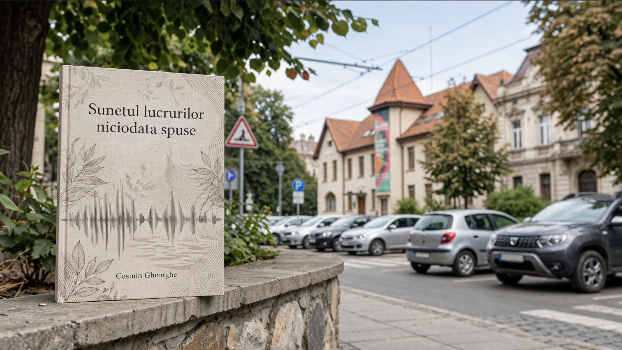 Coperta romanului „Sunetul lucrurilor niciodată spuse” de Cosmin Gheorghe, alături de sediul Art Encounters din Timișoara