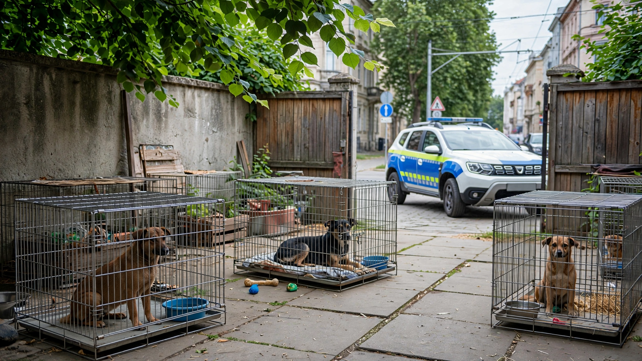 Câini ținuți în cuști în curtea unui crescător din Uivar, verificați de polițiști