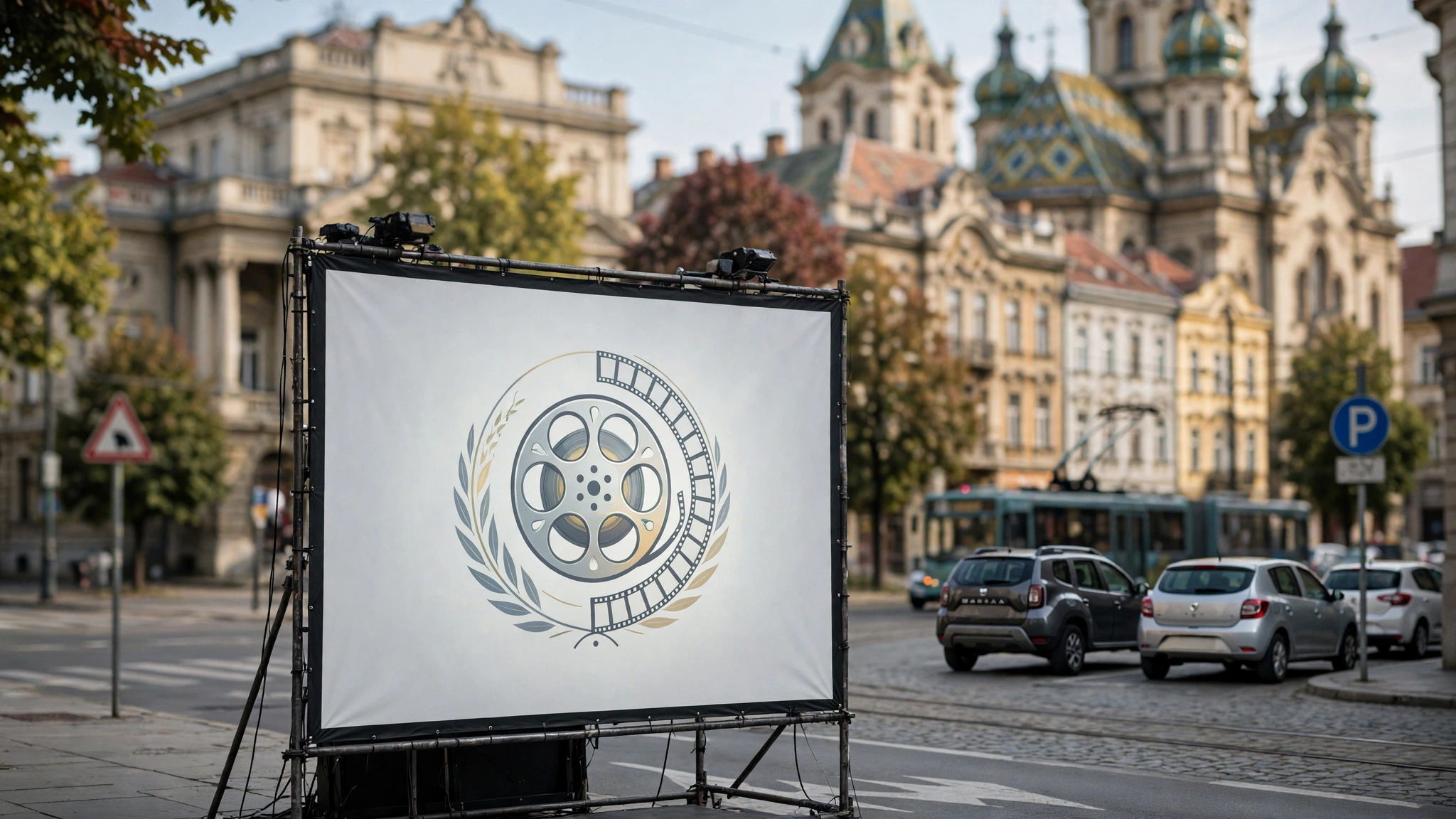 Afiș festival de film proiectat pe un ecran, în fundal clădiri din centrul Timișoarei