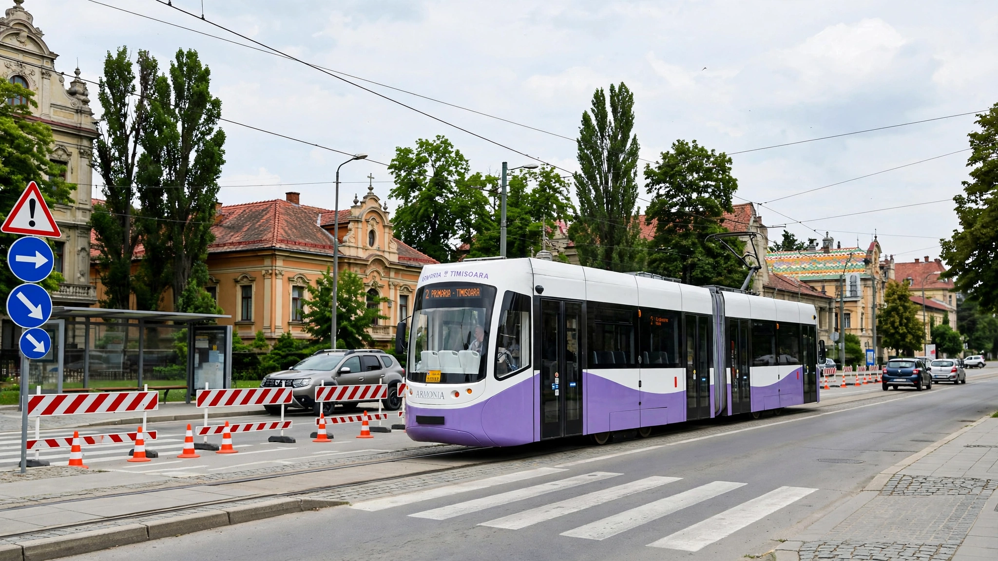 Tramvai Armonia al STPT pe o stradă din Timișoara, lângă intersecția unde s-a produs accidentul