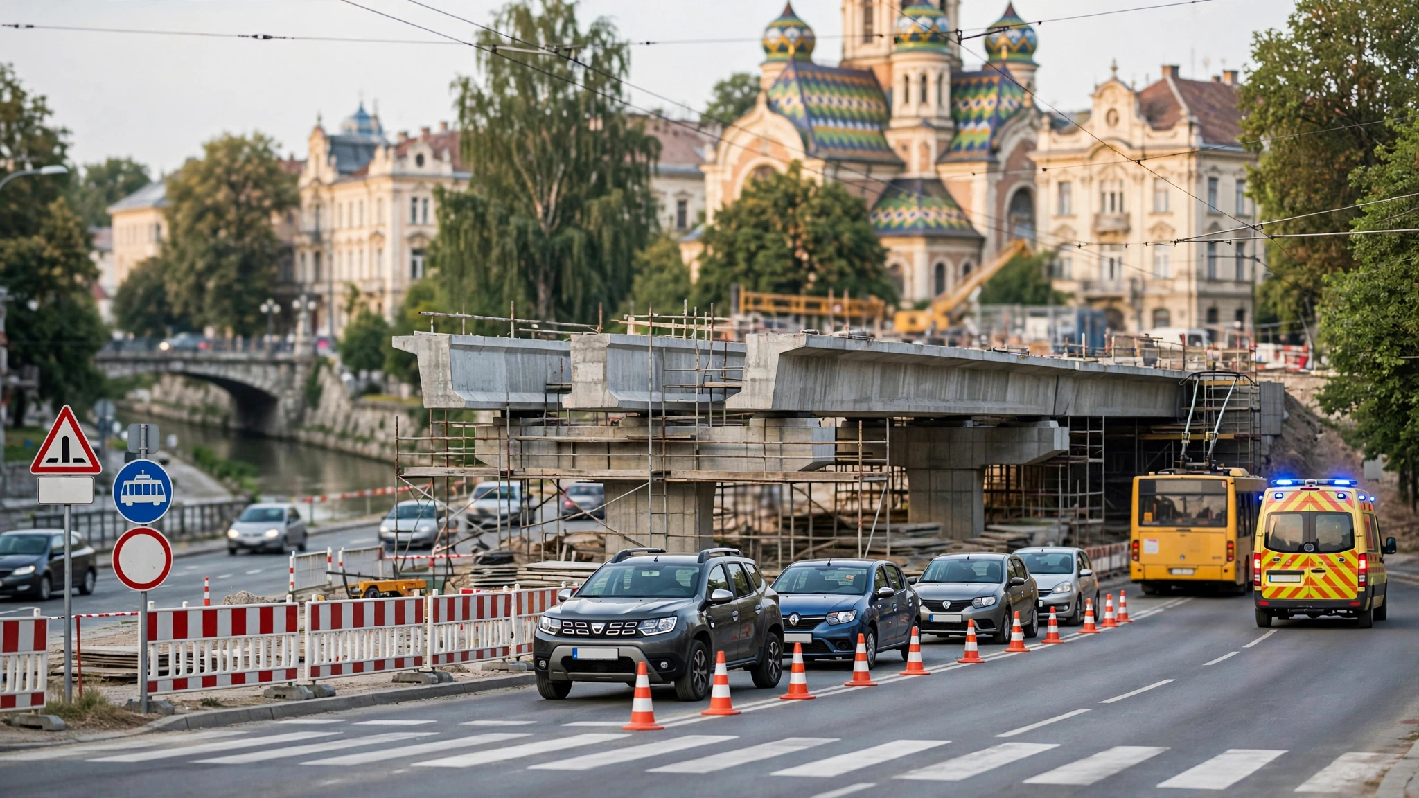 Șantierul pasajului Slavici – Polonă din Timișoara, cu grinzi prefabricate montate