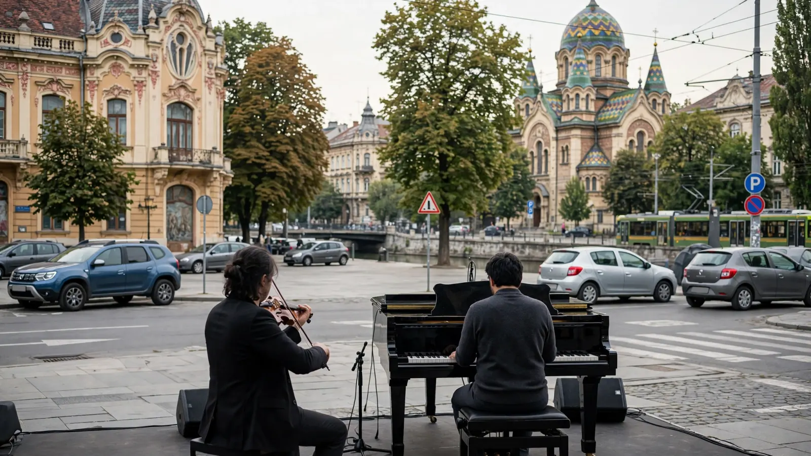 Violonista Eun Che Kim cântă pe scenă alături de un pianist