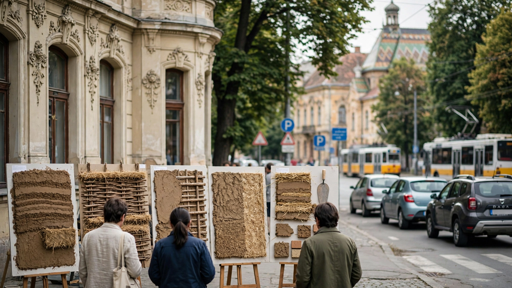 Vizitatori la expoziția despre tehnicile tradiționale de construcție cu pământ din Banat, la UVT Art Center