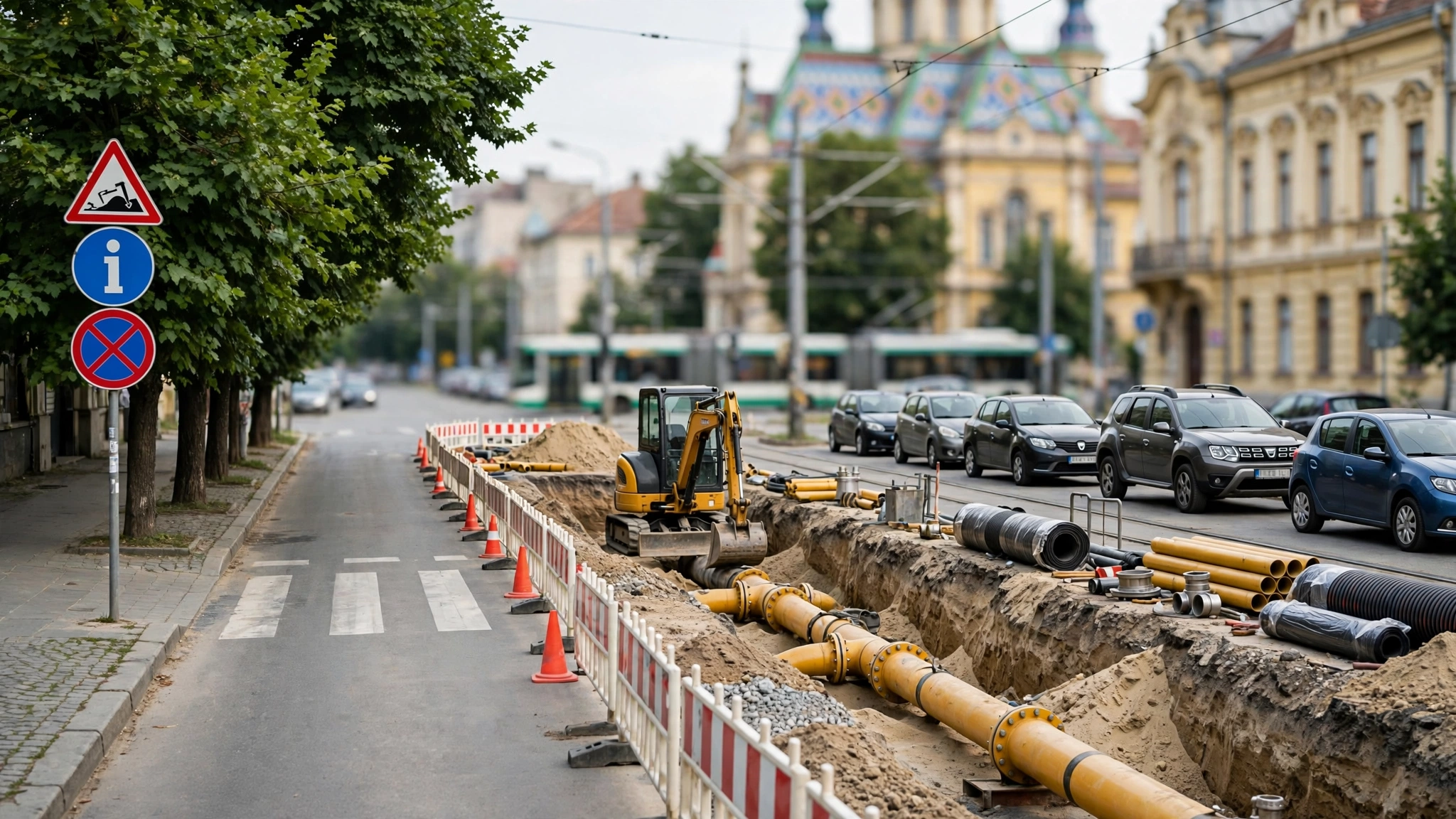 Conductă de gaz și utilaje de lucru pe o stradă din Timișoara