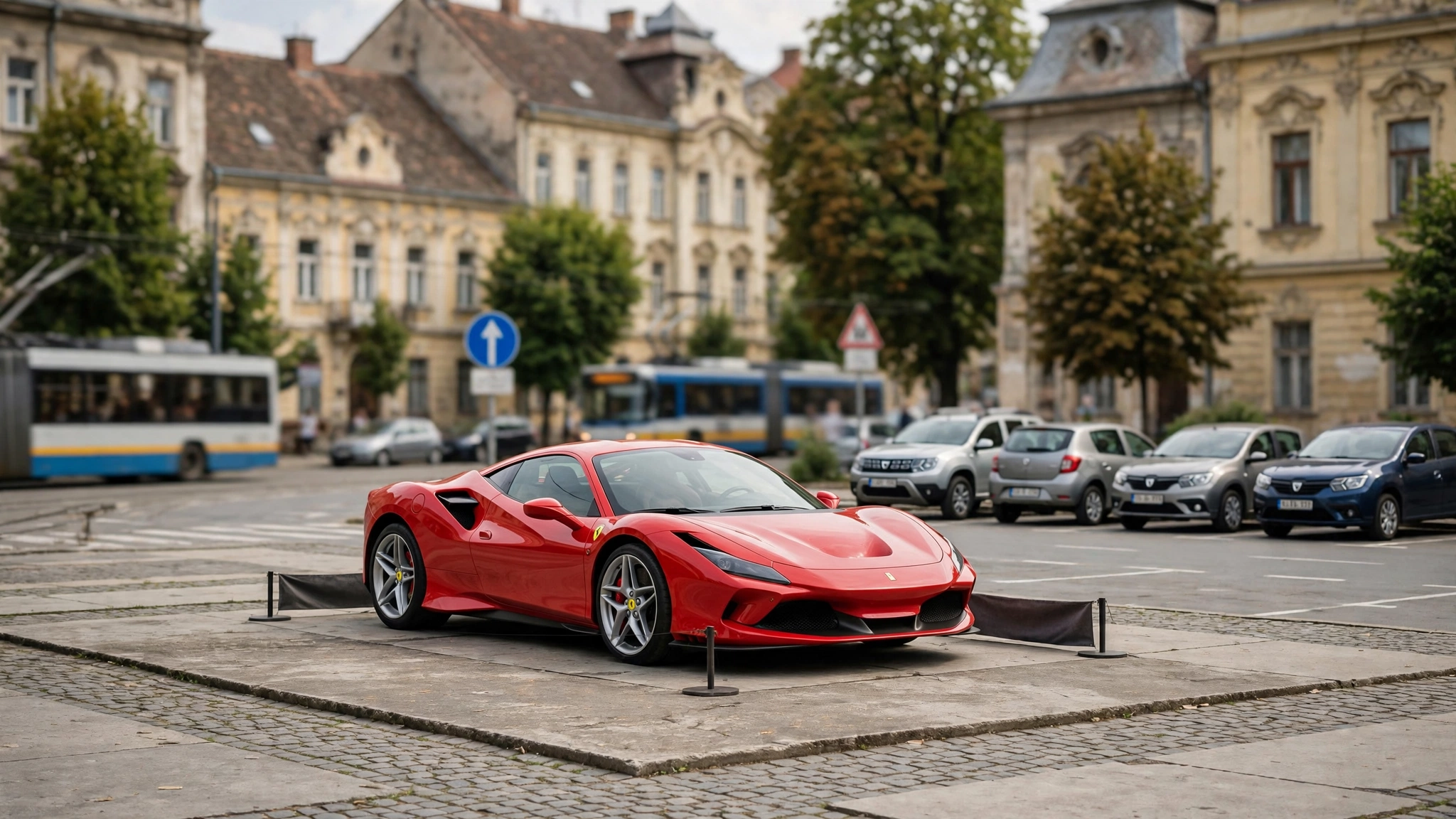 Automobile Ferrari expuse în Piața Libertății din Timișoara
