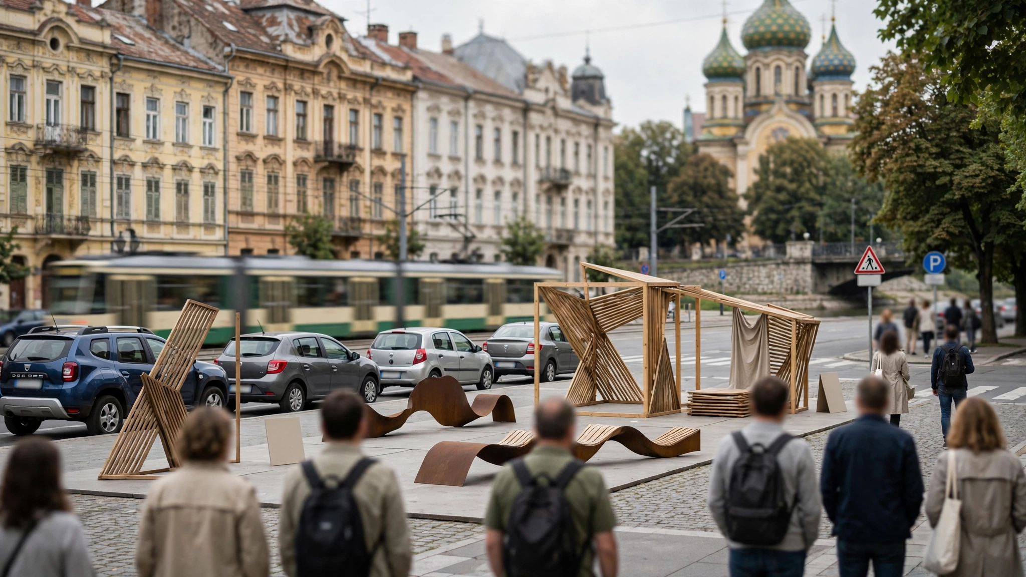 Vizitatori la instalații de artă în cadrul Festivalului LA PAS la Timișoara