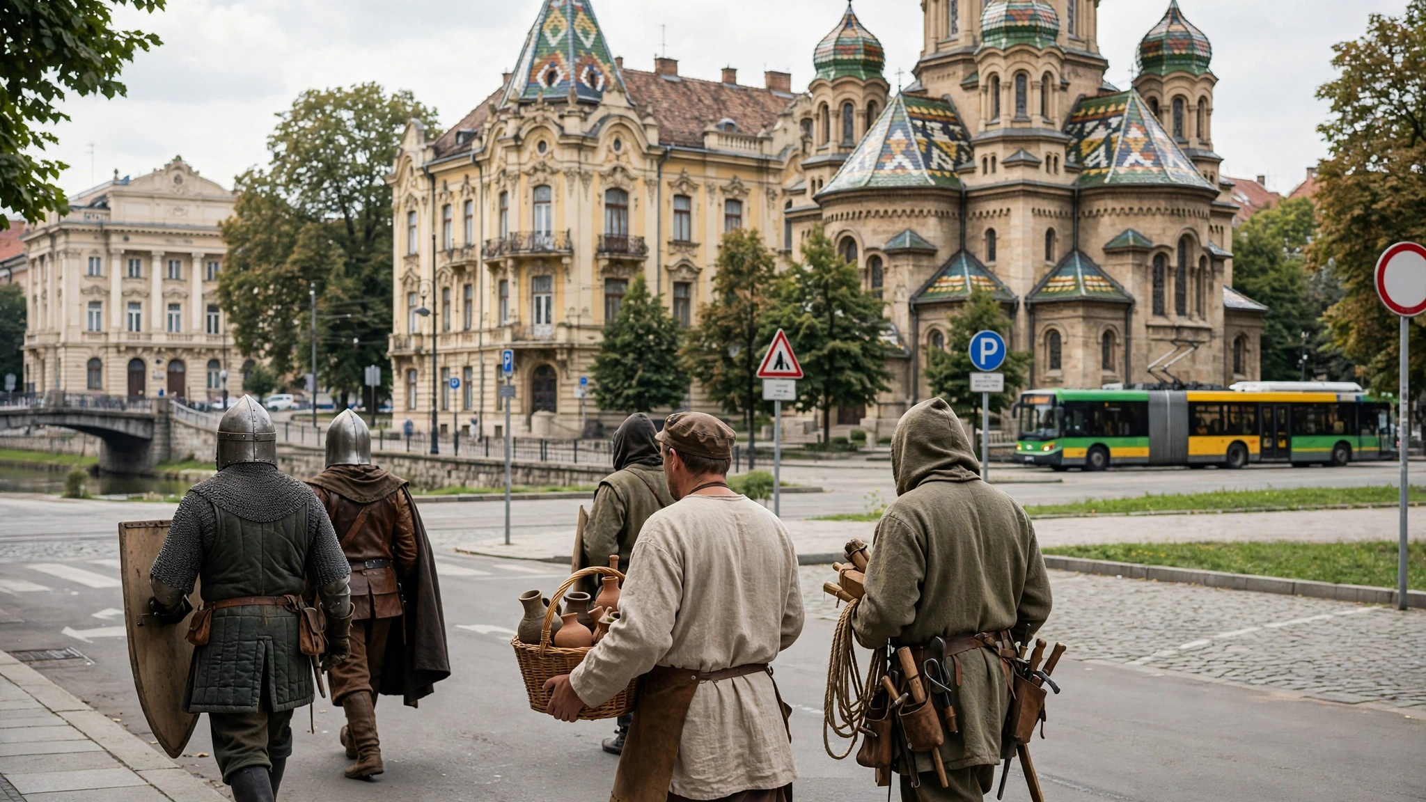 Cavaleri și meșteșugari în costume medievale la parada din centrul Timișoarei