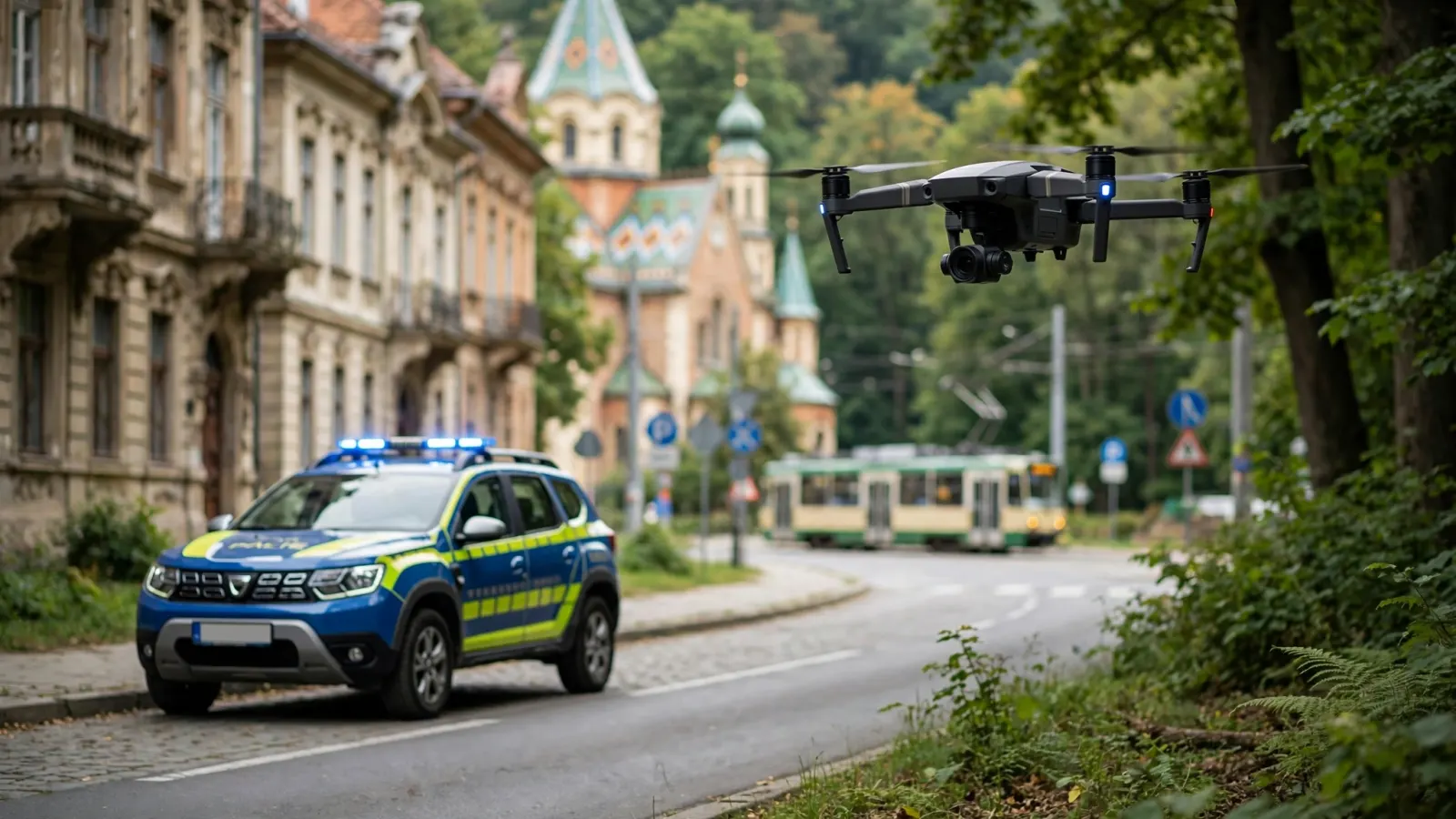 Dronă de căutare folosită de poliție într-o zonă împădurită din Banat