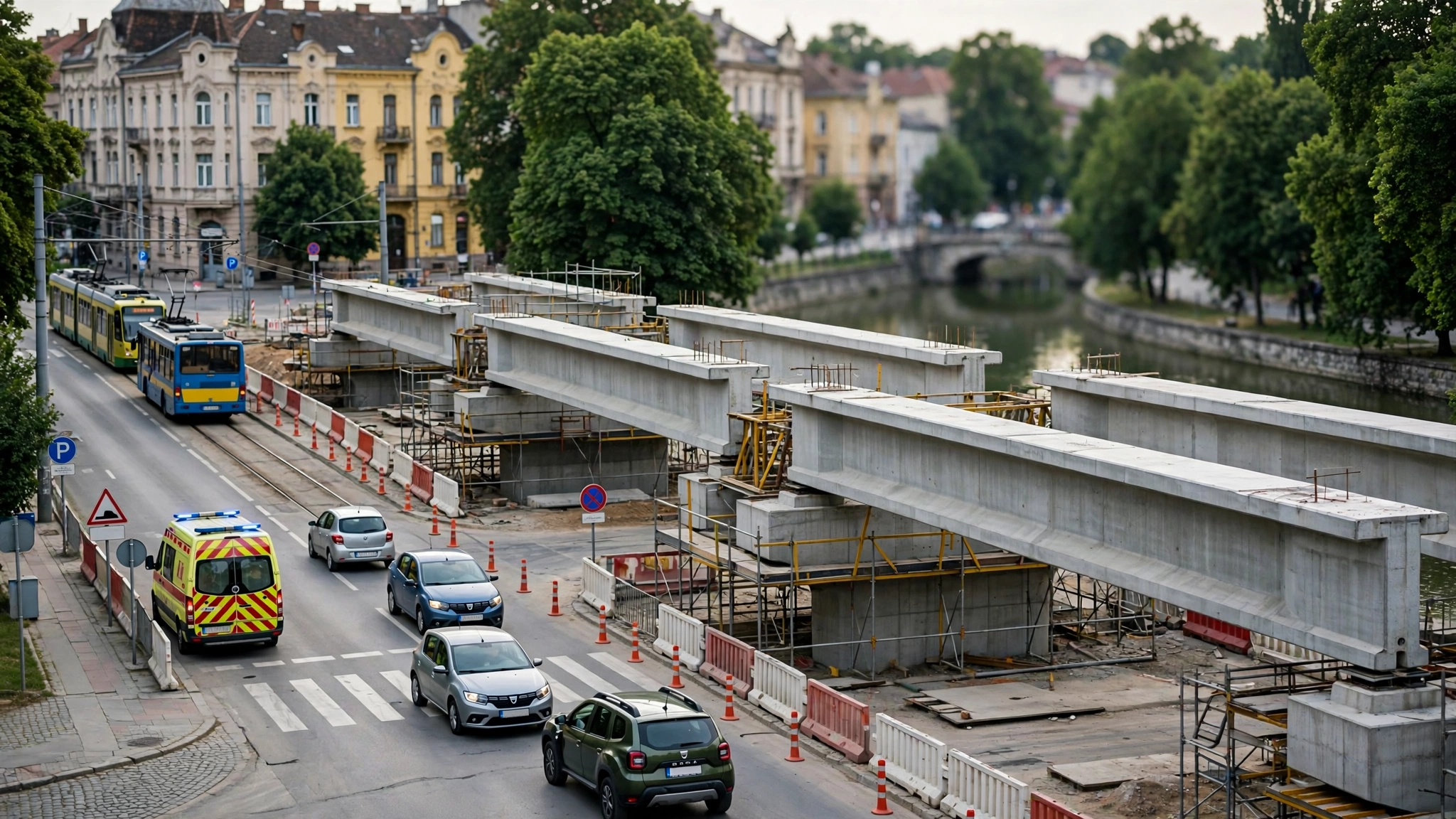Grinzi montate la un viaduct de pe tronsonul de autostradă Margina-Holdea
