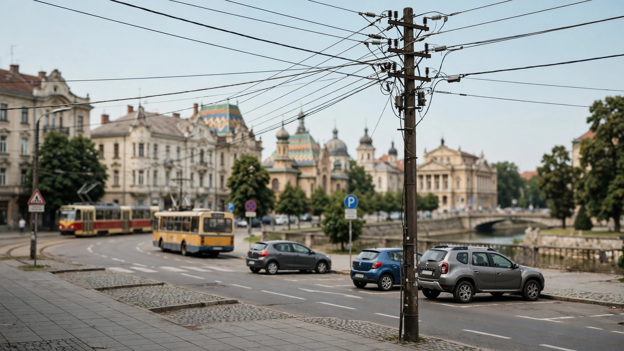 Stâlp de electricitate și linii de distribuție în Timișoara