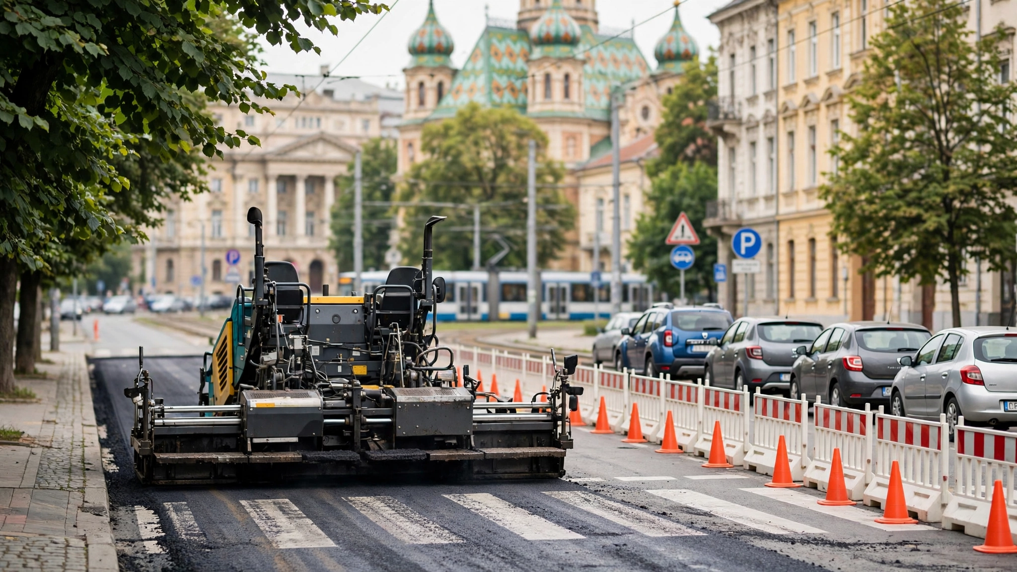 Utilaje de asfaltare pe o stradă din Timișoara