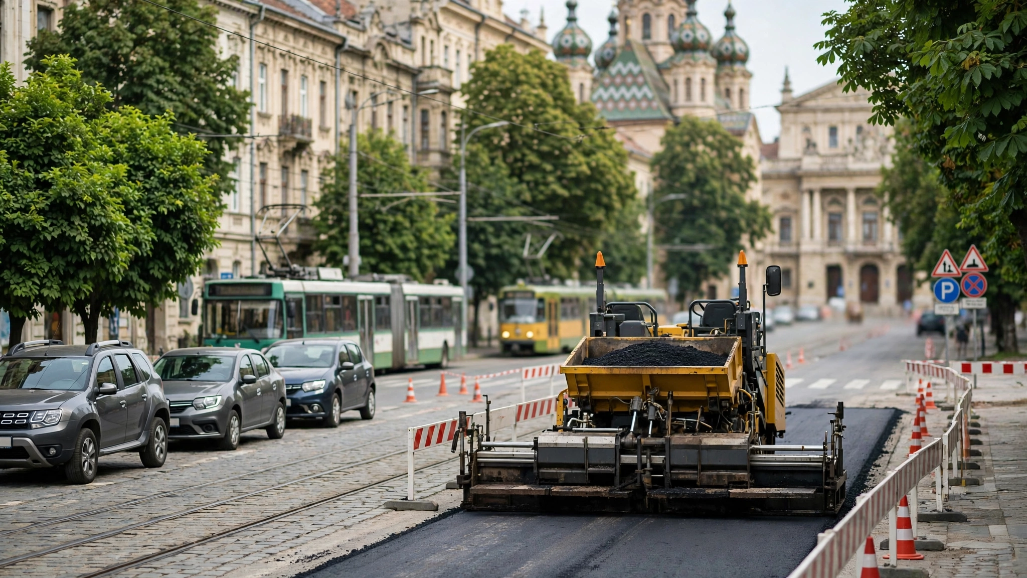 Utilaj de lucru la asfaltare pe o stradă din Timișoara
