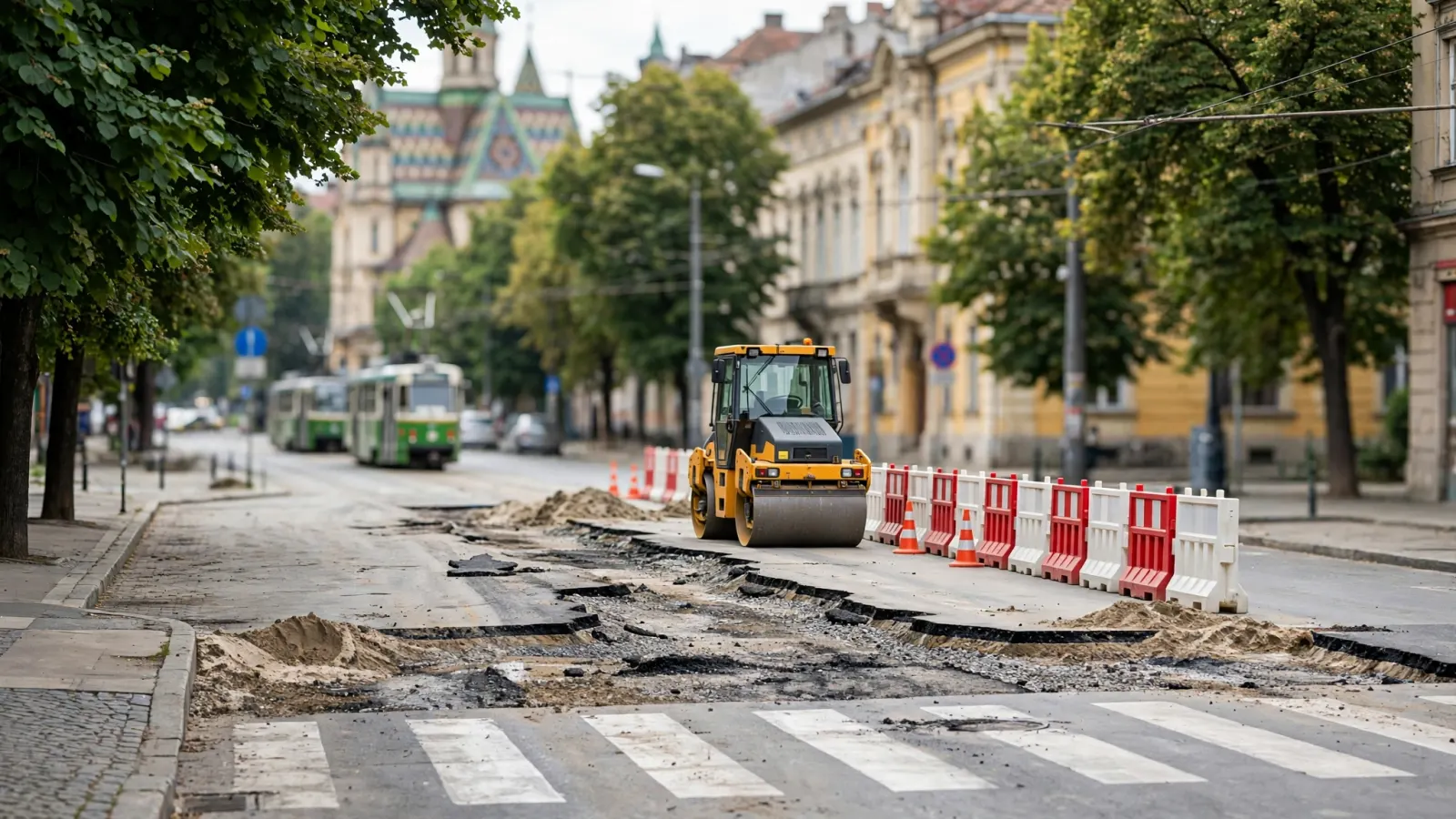 Utilaj de lucru pe o stradă din Timișoara în timpul unei reparații rutiere
