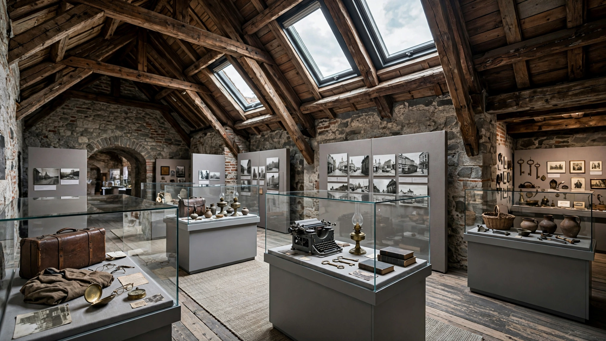 Interior din mansarda B1 a Bastionului Maria Theresia, locul expoziției „Lumea de ieri”