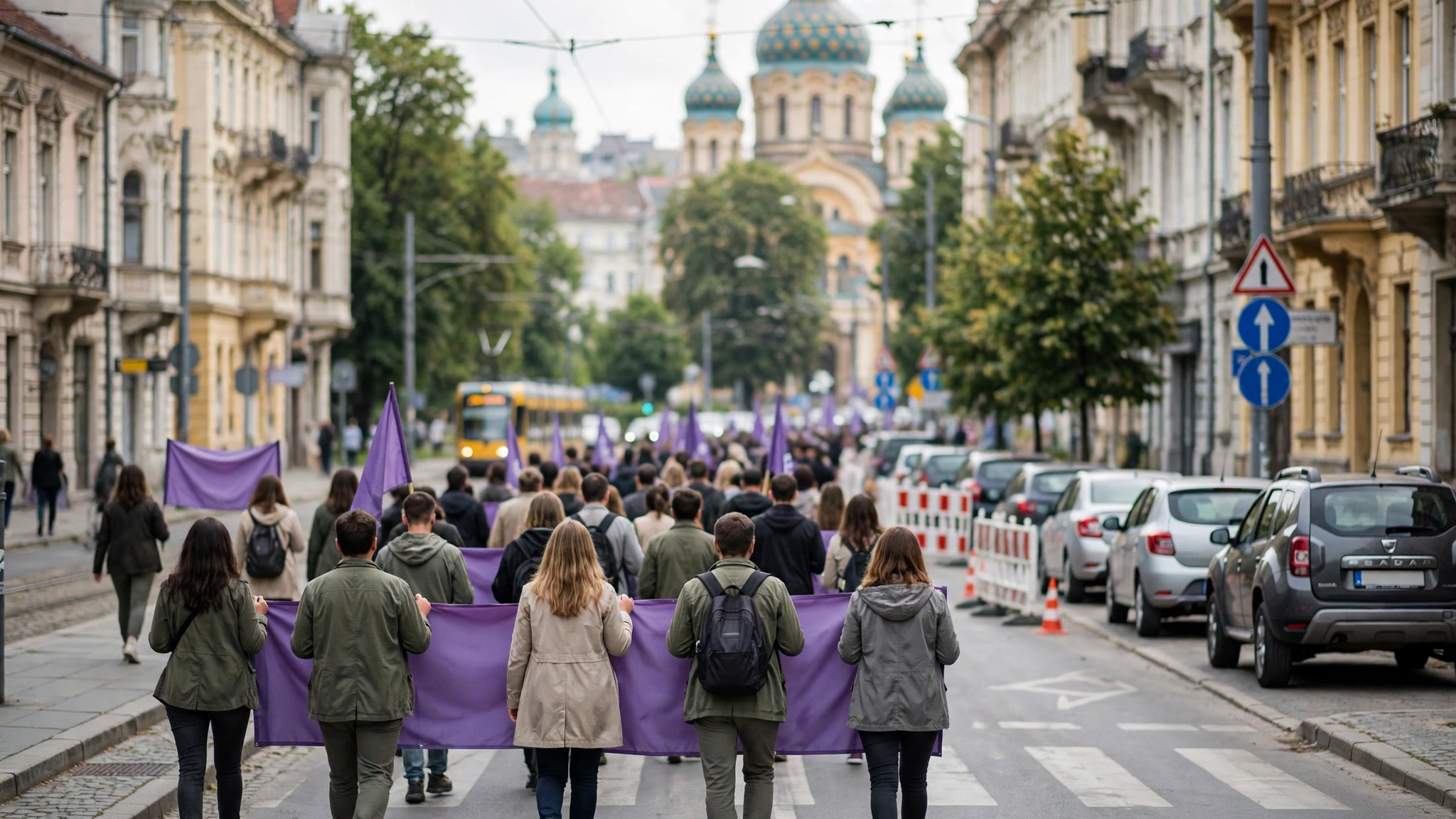 Participanți la un marș împotriva violenței asupra femeilor pe o stradă din Timișoara