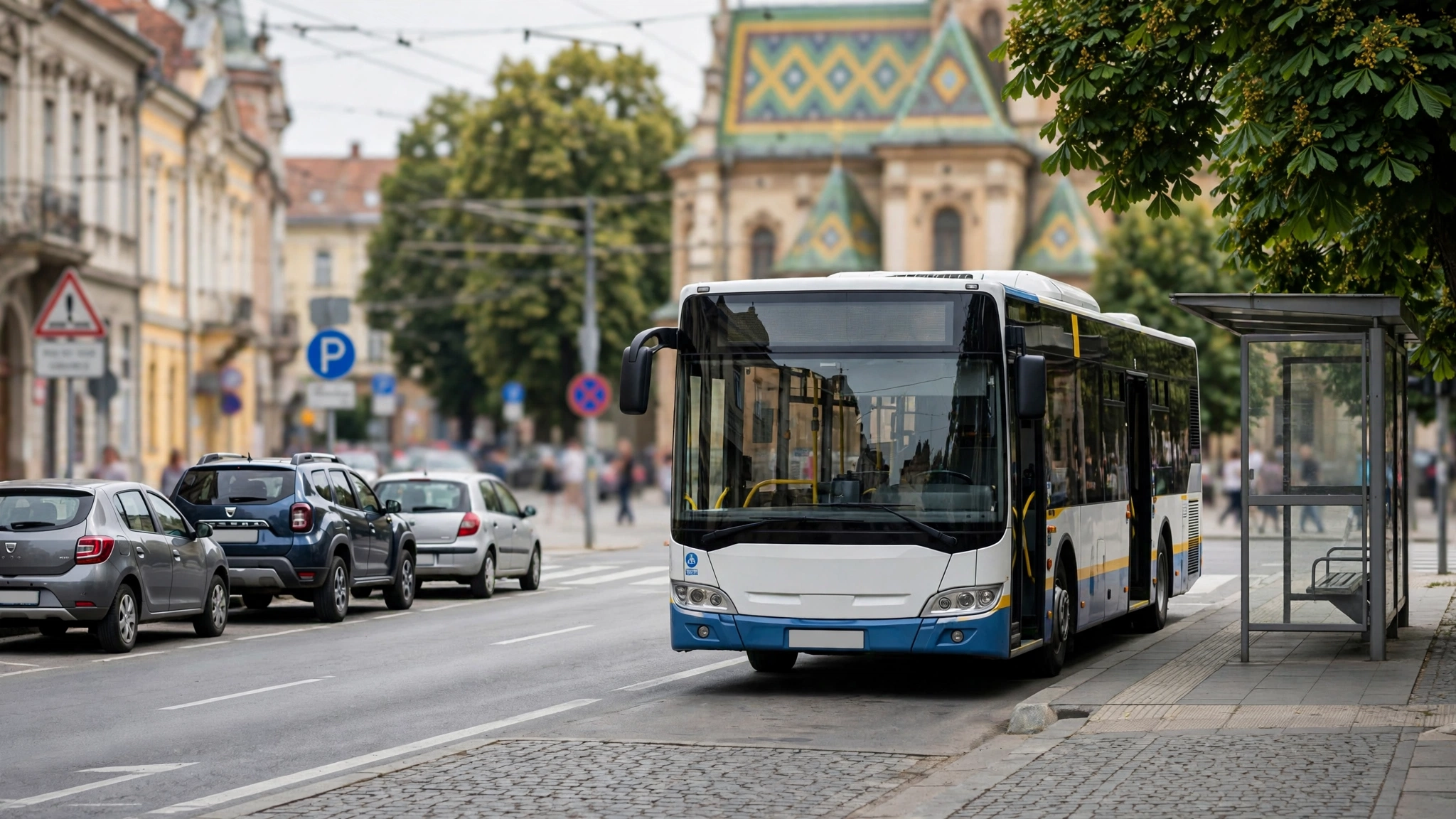 Autobuz al transportului public din Timișoara, oprit într-o stație aglomerată