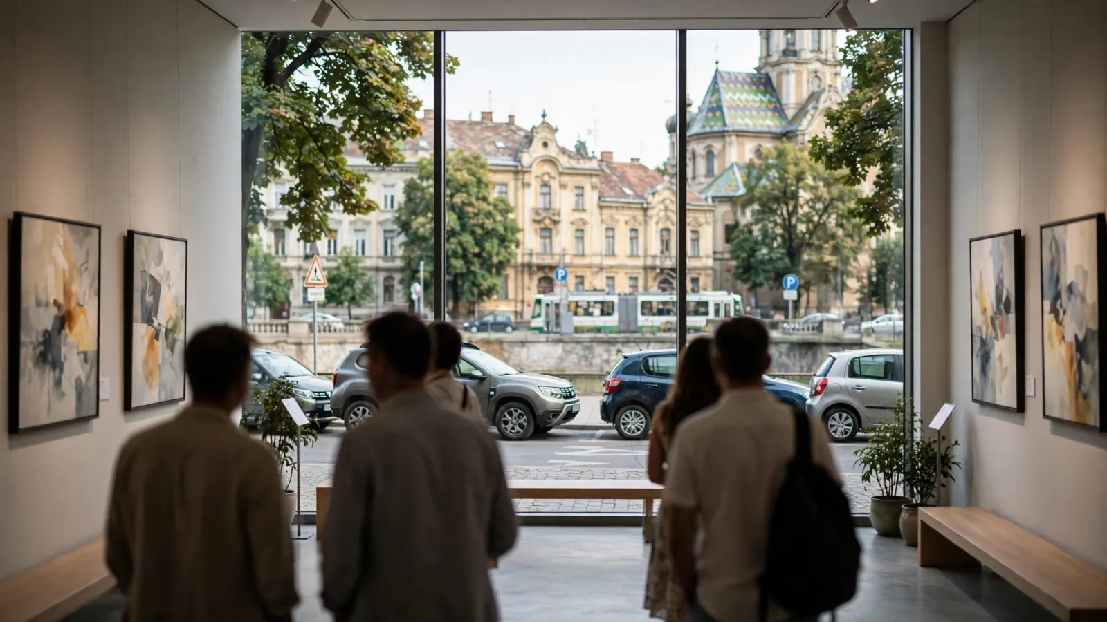 Vizitatori la o expoziție de pictură într-o galerie din Timișoara