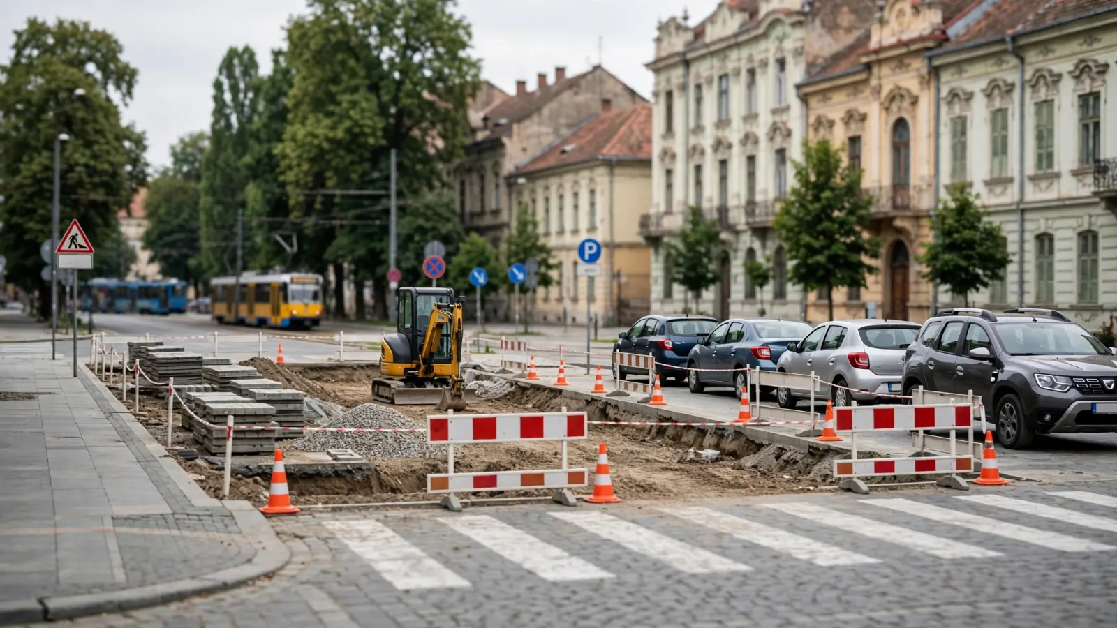 Utilaje de construcție în Piața Mocioni din Timișoara, la începutul lucrărilor de regenerare urbană