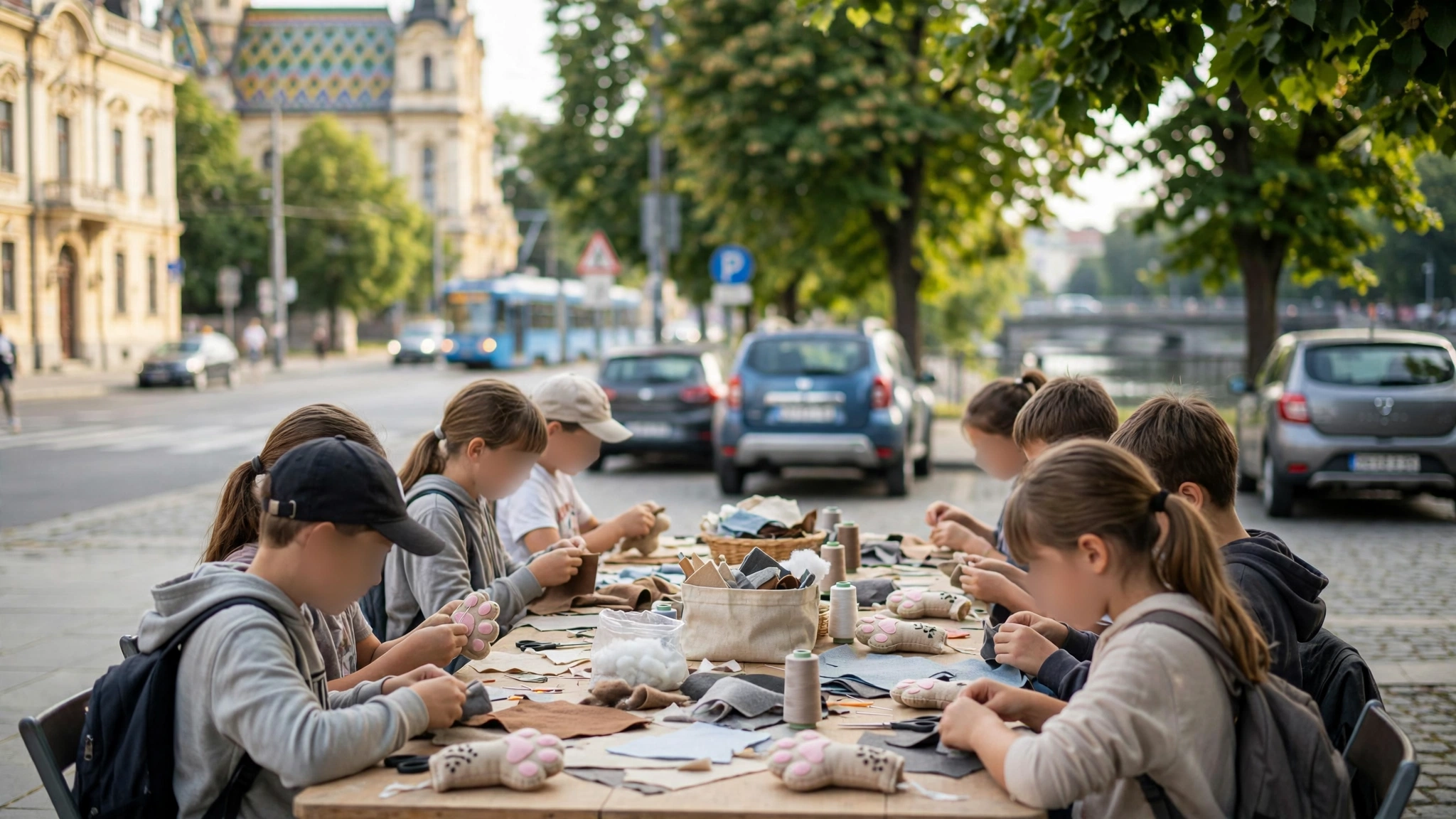 Copii participă la un atelier de construcție de păpuși în cadrul proiectului „Povești cu lăbuțe” la Timișoara