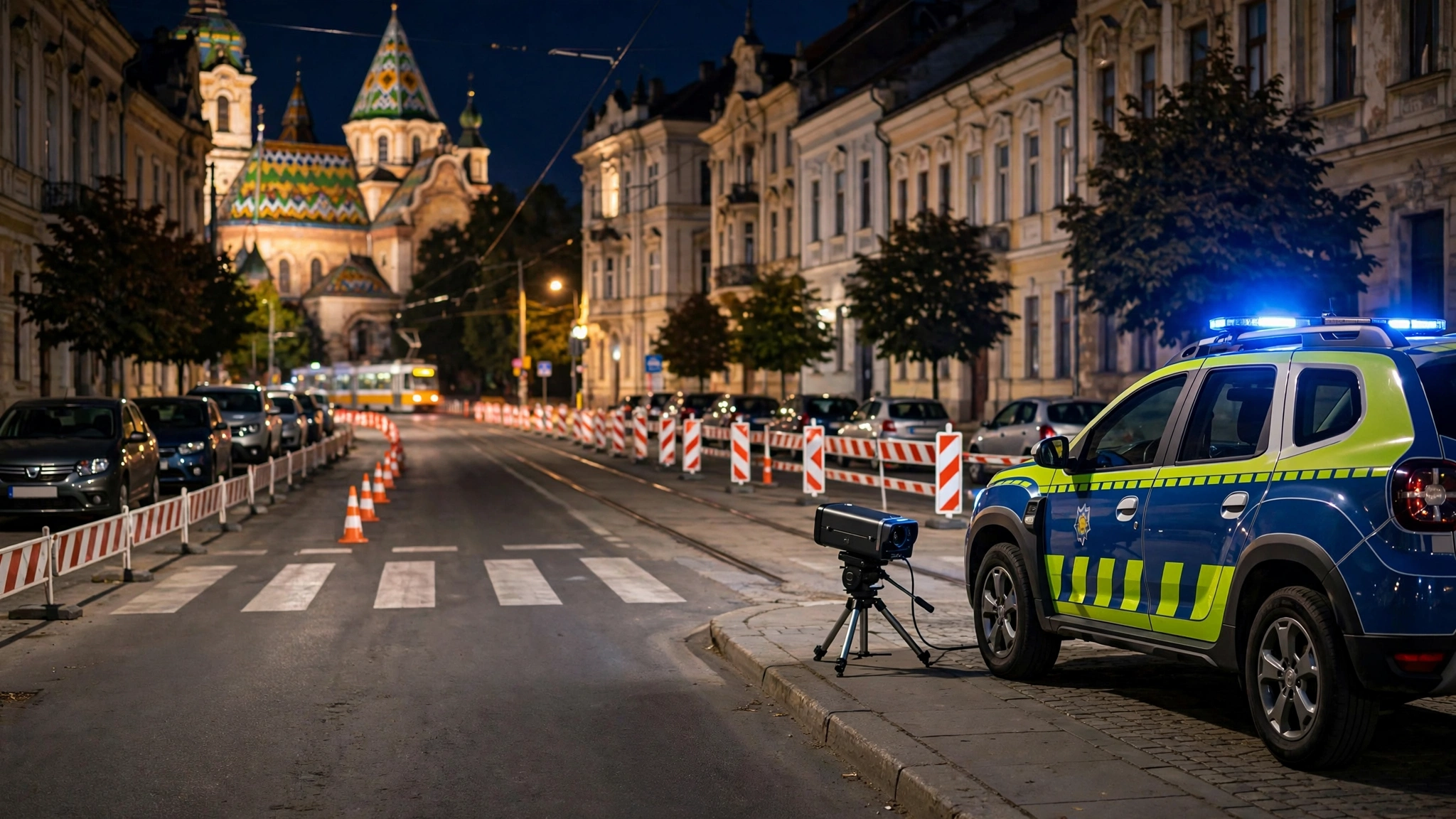 Radar de poliție pe o stradă din Timișoara, noaptea