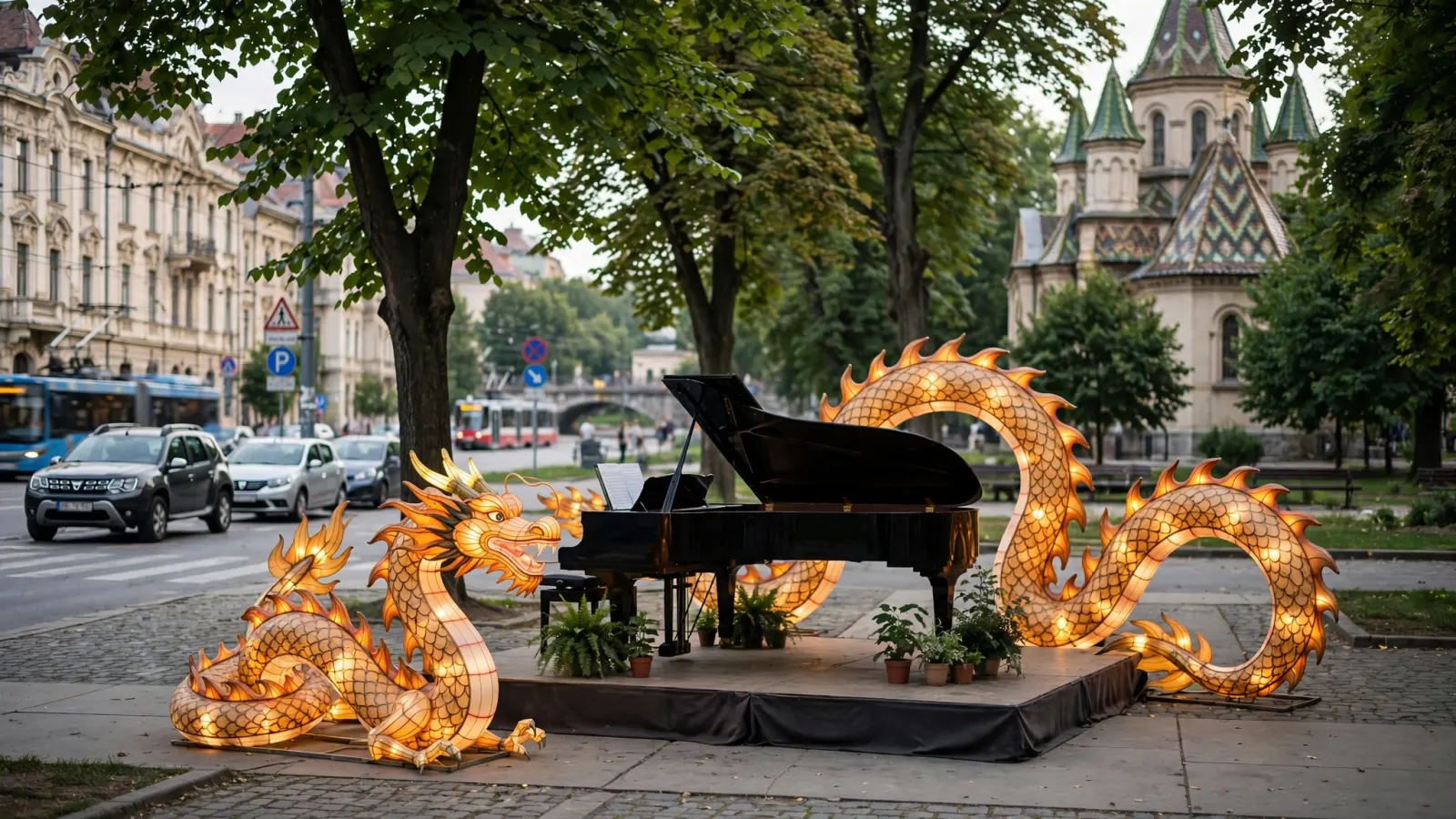 Recital de pian în aer liber, printre dragoni luminați, în Iulius Gardens Timișoara