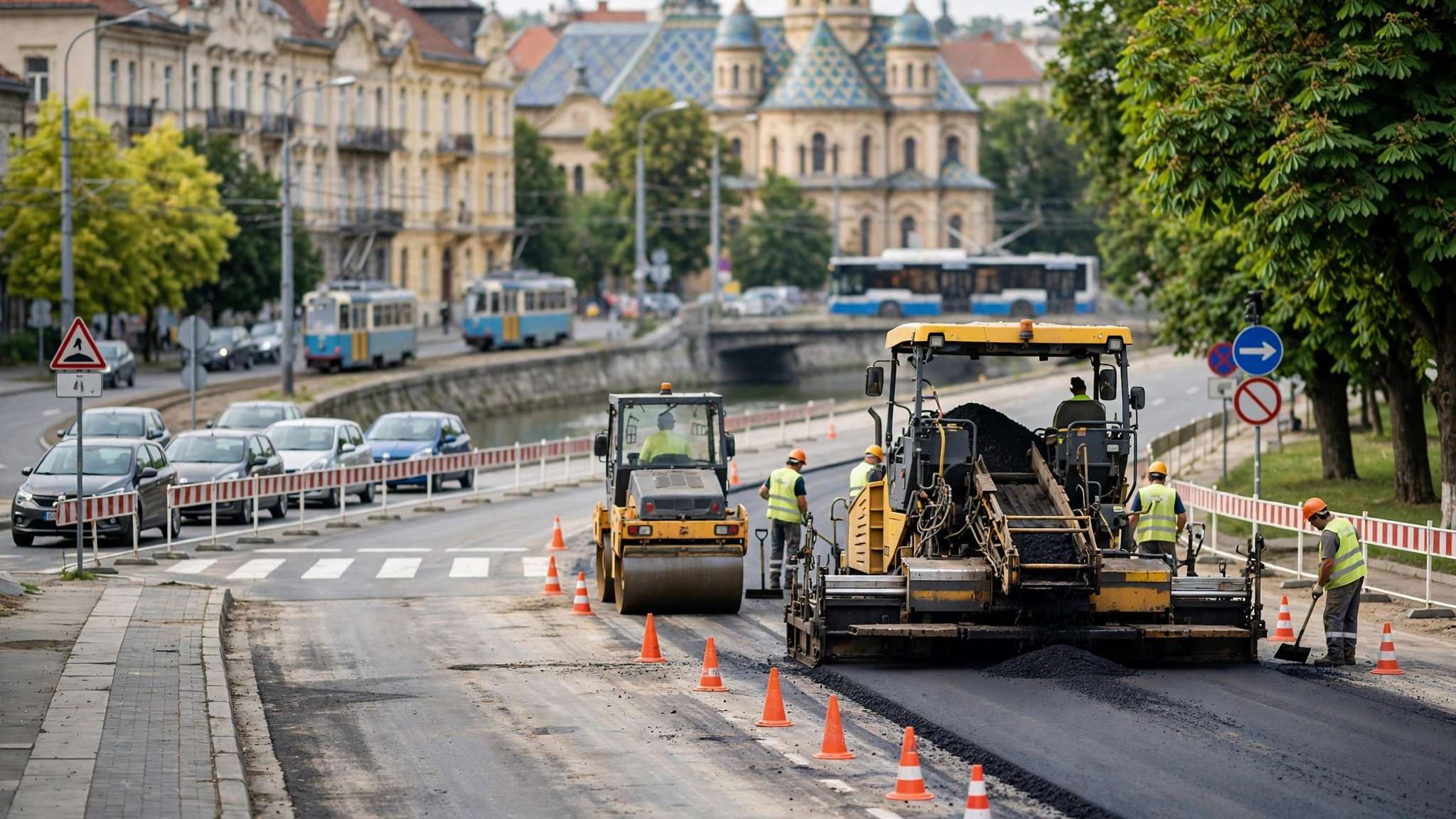 Lucrători și utilaje la lucrările de asfaltare pe autostrada A1, pe sectorul Traian Vuia – Balinț