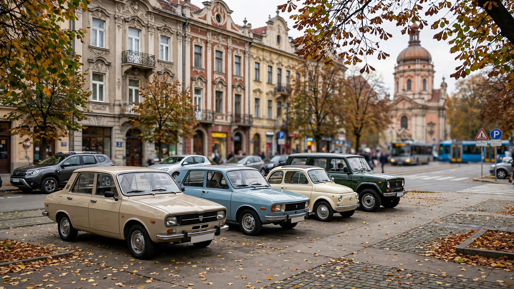 Automobile de epocă expuse în Piața Unirii din Timișoara la Retroparada Toamnei