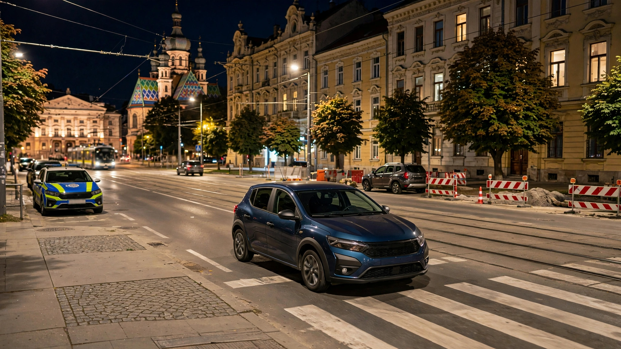 Un autoturism circulând noaptea pe un bulevard luminat din Timișoara, fotografiat de radarul poliției.