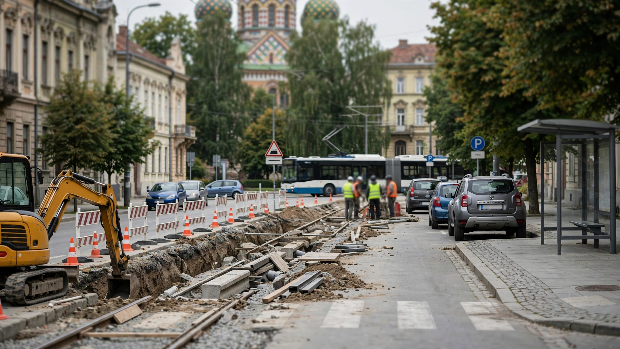 Utilaje de construcție și muncitori pe o stradă din Timișoara, pregătind șantierul pentru o nouă linie de tramvai.