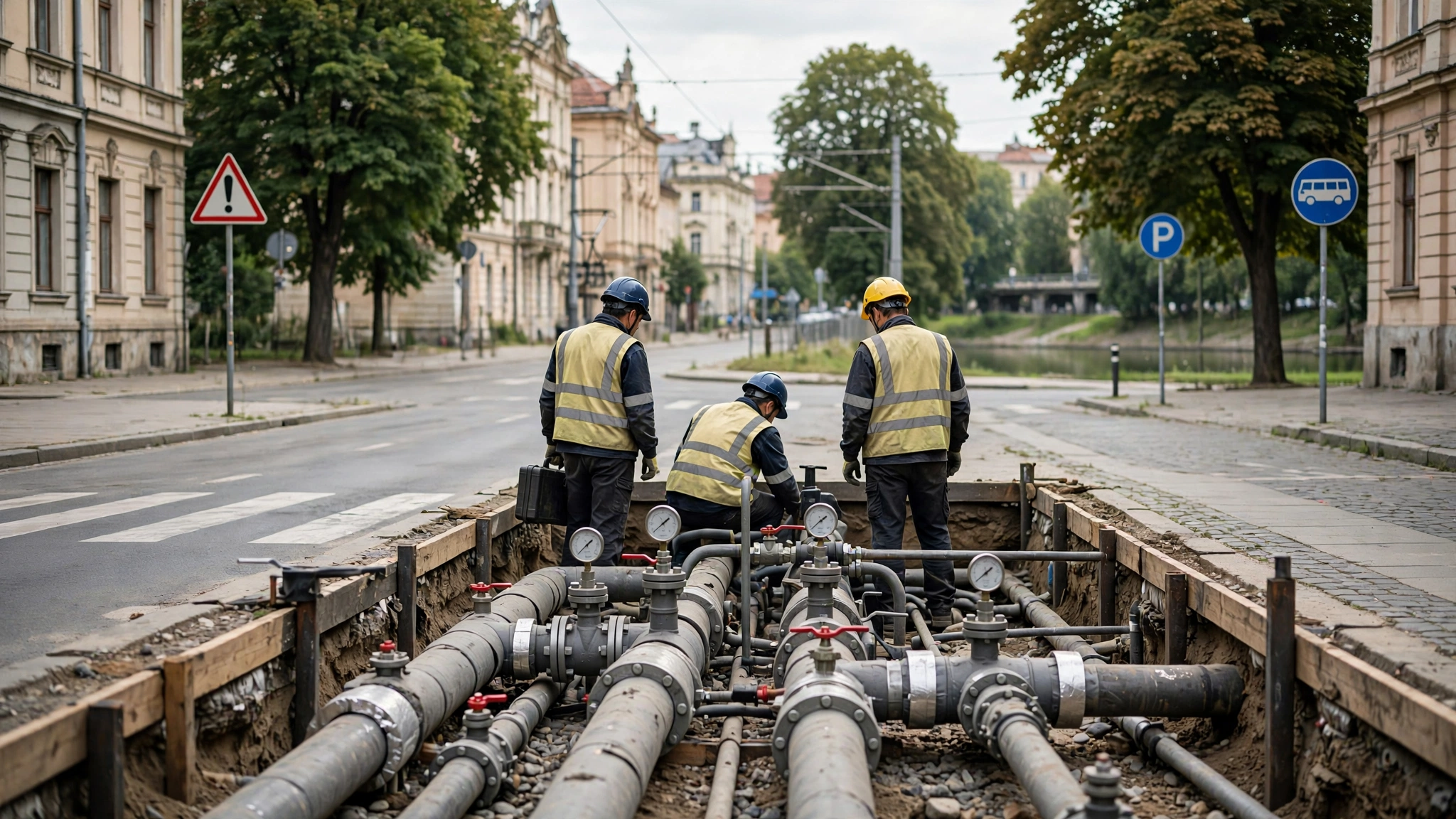 Conducte și instalații ale unei rețele de termoficare urbană, cu muncitori verificând echipamentele
