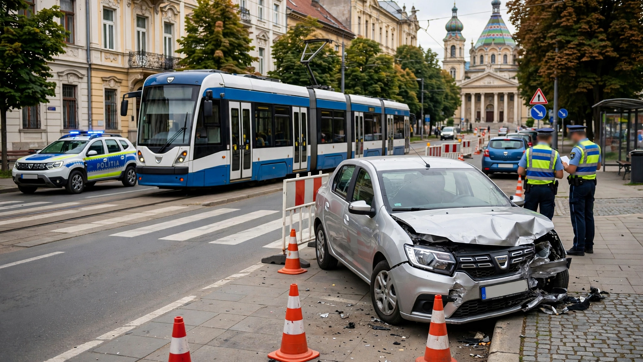 Un tramvai pe o stradă din Timișoara, cu o mașină avariată în apropiere și polițiști care examinează locul unui accident.