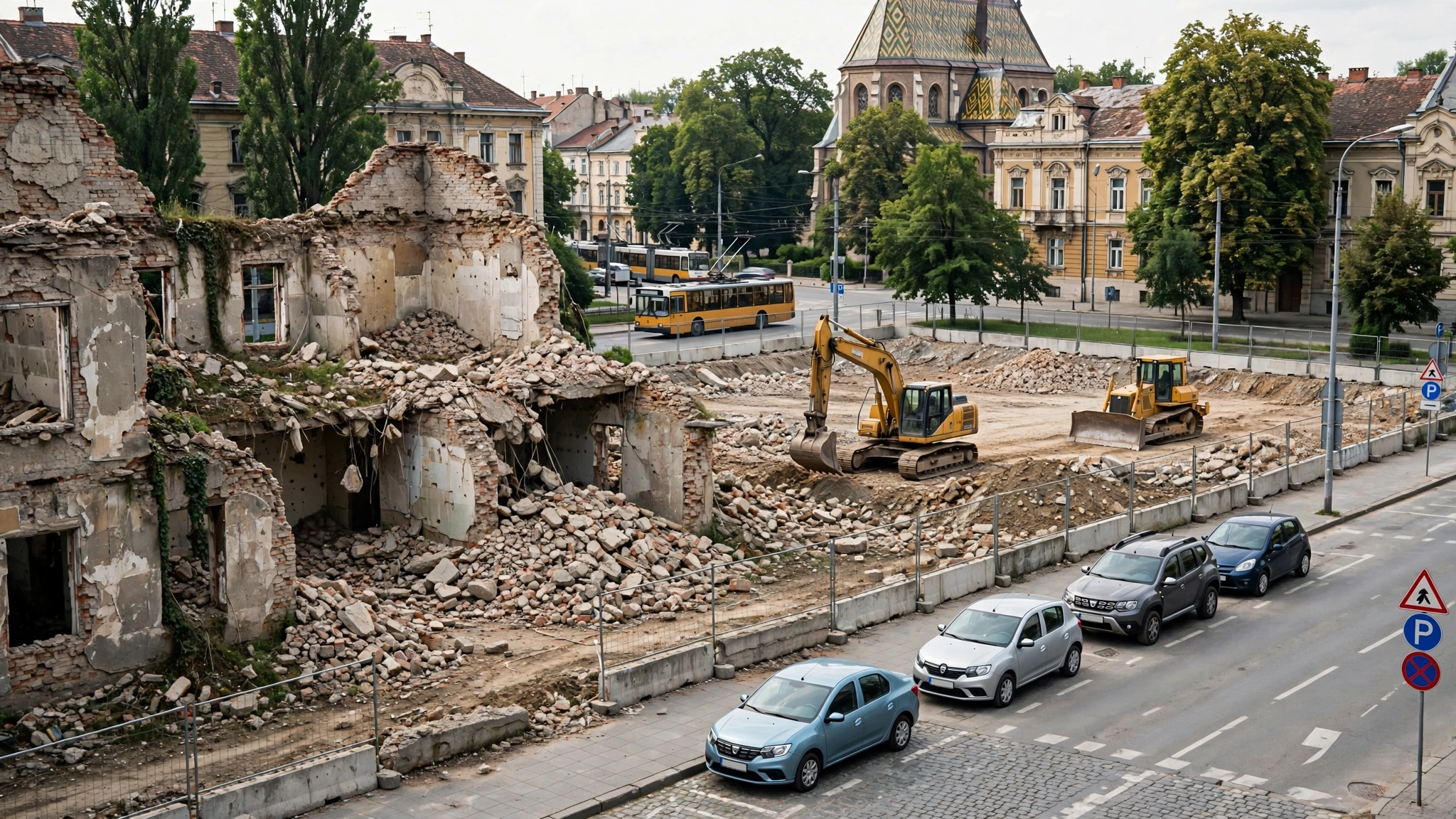 Ruine demolate ale unei clădiri vechi de spital, cu utilaje de construcții pe un teren gol