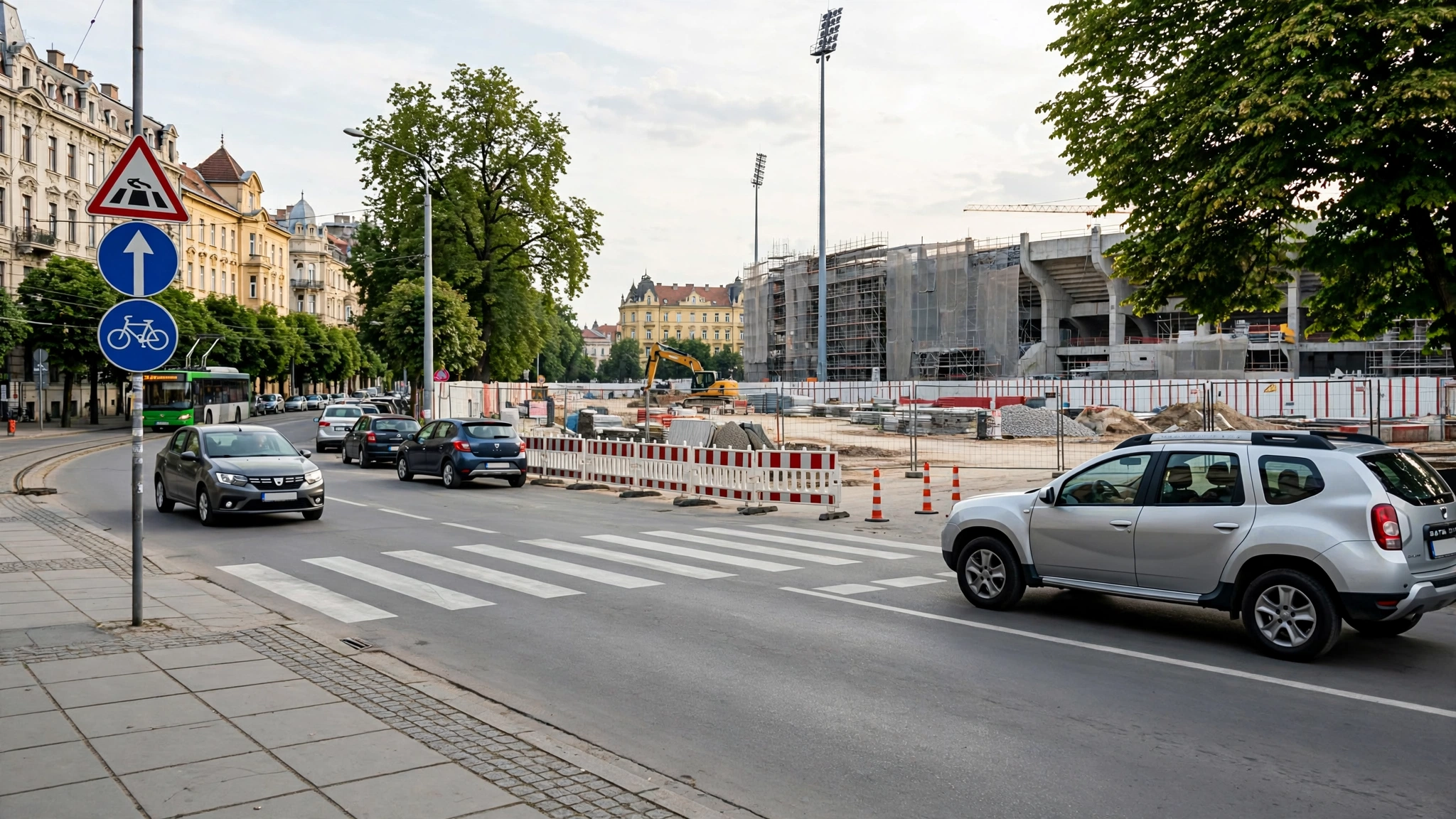 Stadionul „Dan Păltinișanu” din Timișoara văzut din exterior, cu șantierul de reconstrucție în plan secund
