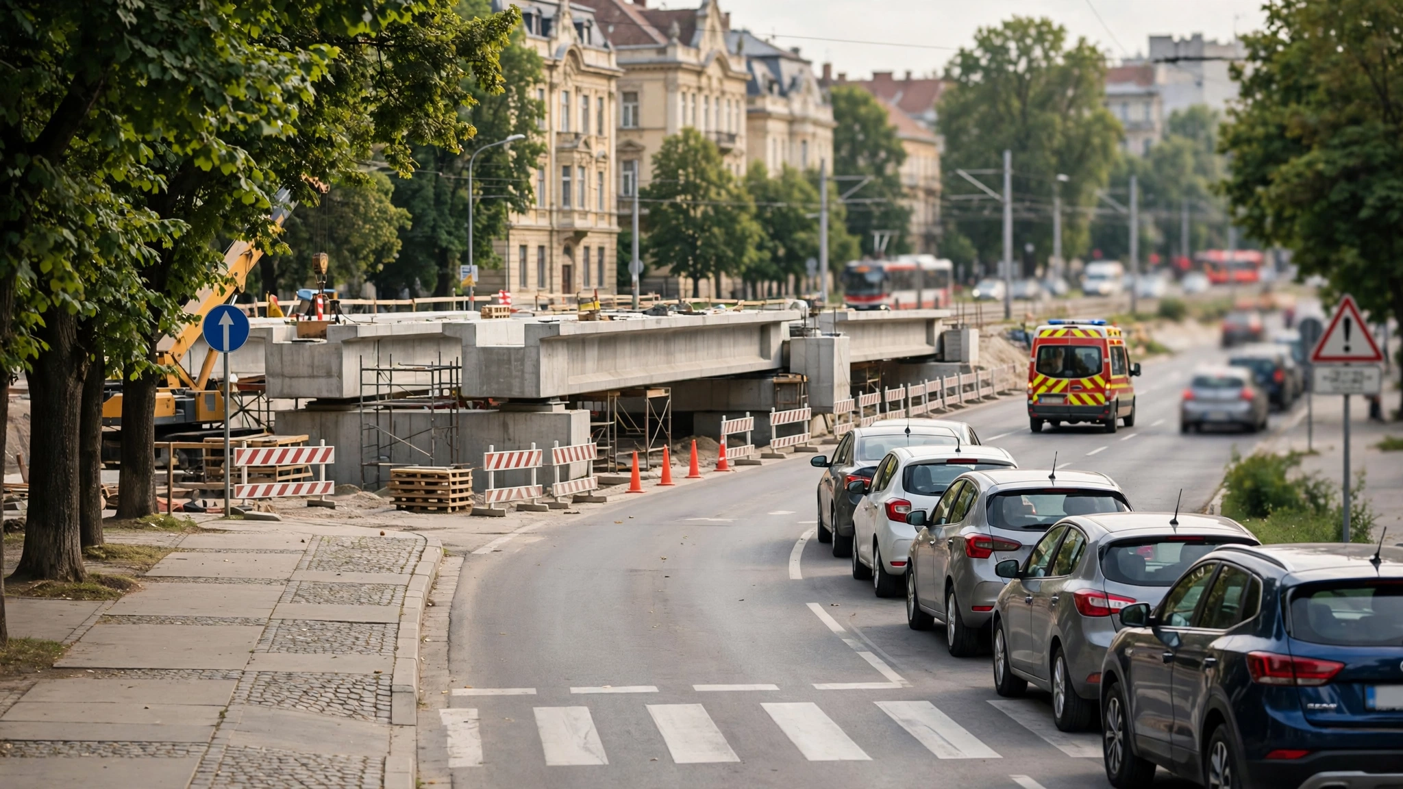 Șantier la un pasaj rutier cu grinzi prefabricate de beton și cozi de mașini pe un drum lateral, într-o zonă periferică a orașului.
