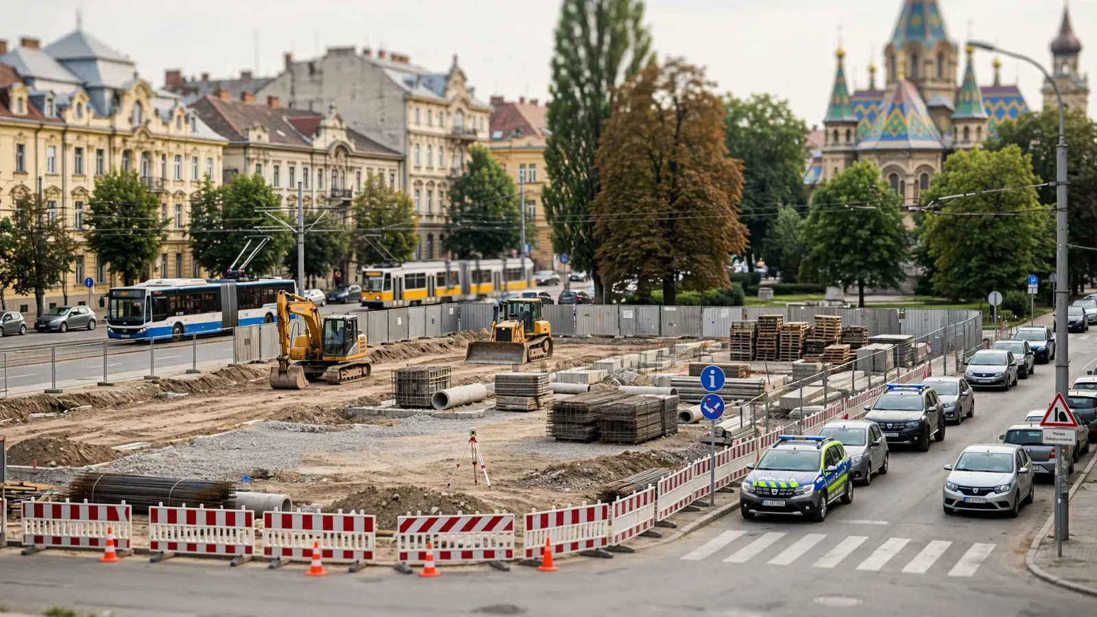 Șantier de construcții cu utilaje grele pe un teren viran, pregătit pentru ridicarea unei clădiri spitalicești.