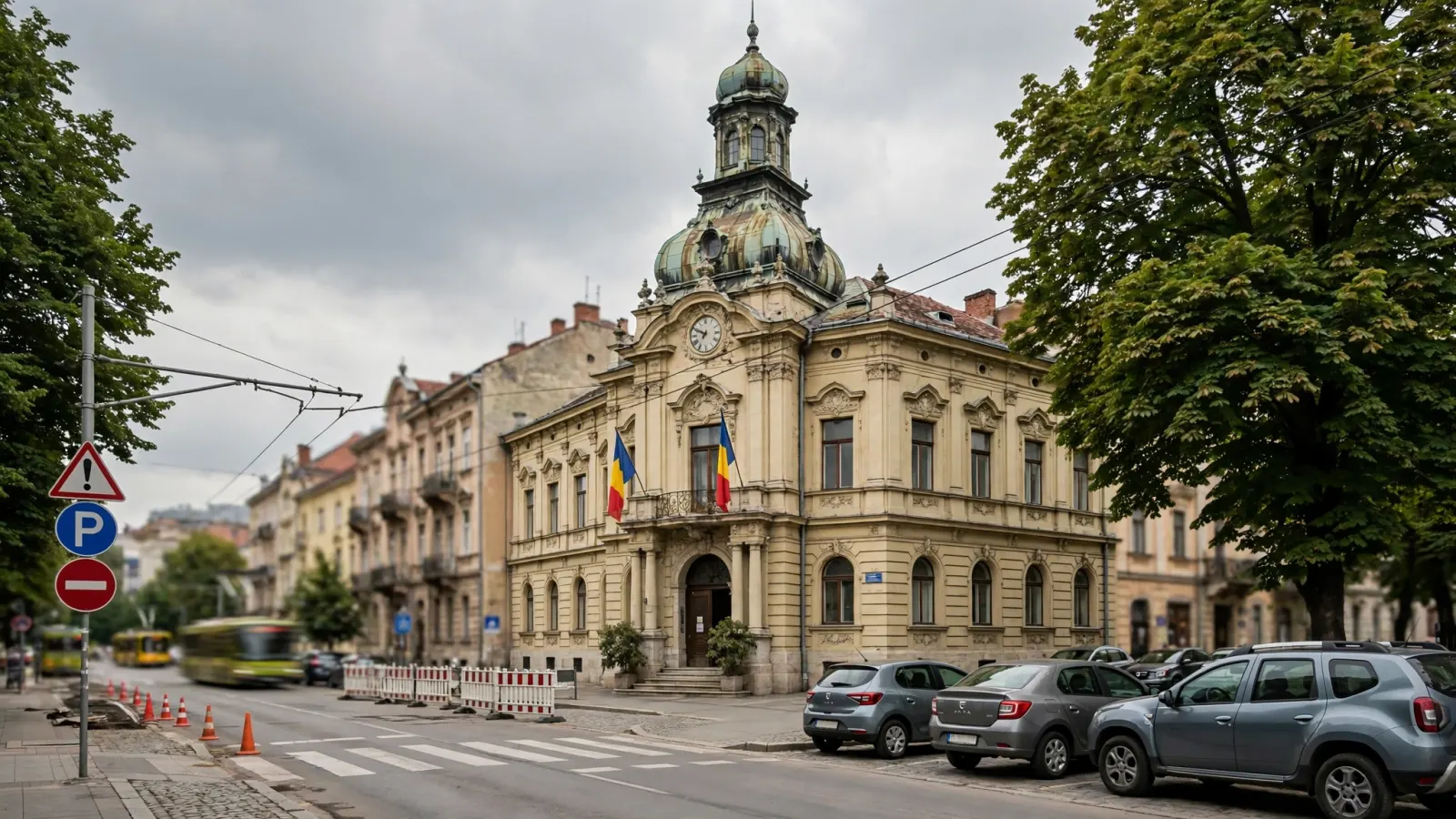 Clădirea Primăriei Timișoara fotografiată din exterior, cu cerul înnorat în fundal