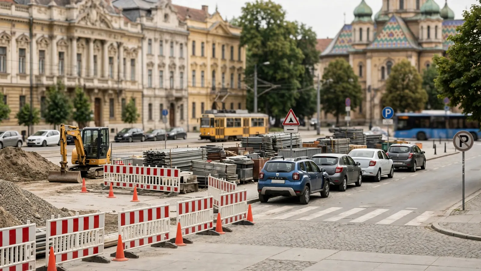 Utilaje de construcție și bariere de șantier într-o piață urbană cu clădiri istorice în jur.