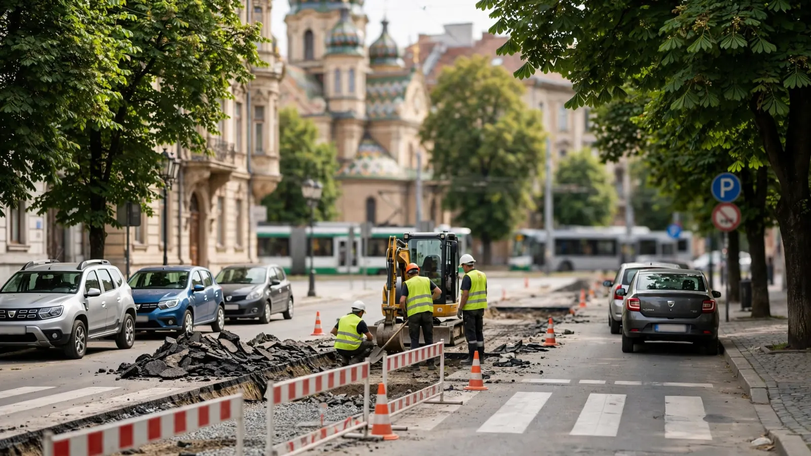 Muncitori și utilaje la lucrări de reparații pe o stradă din Timișoara, în timpul zilei.